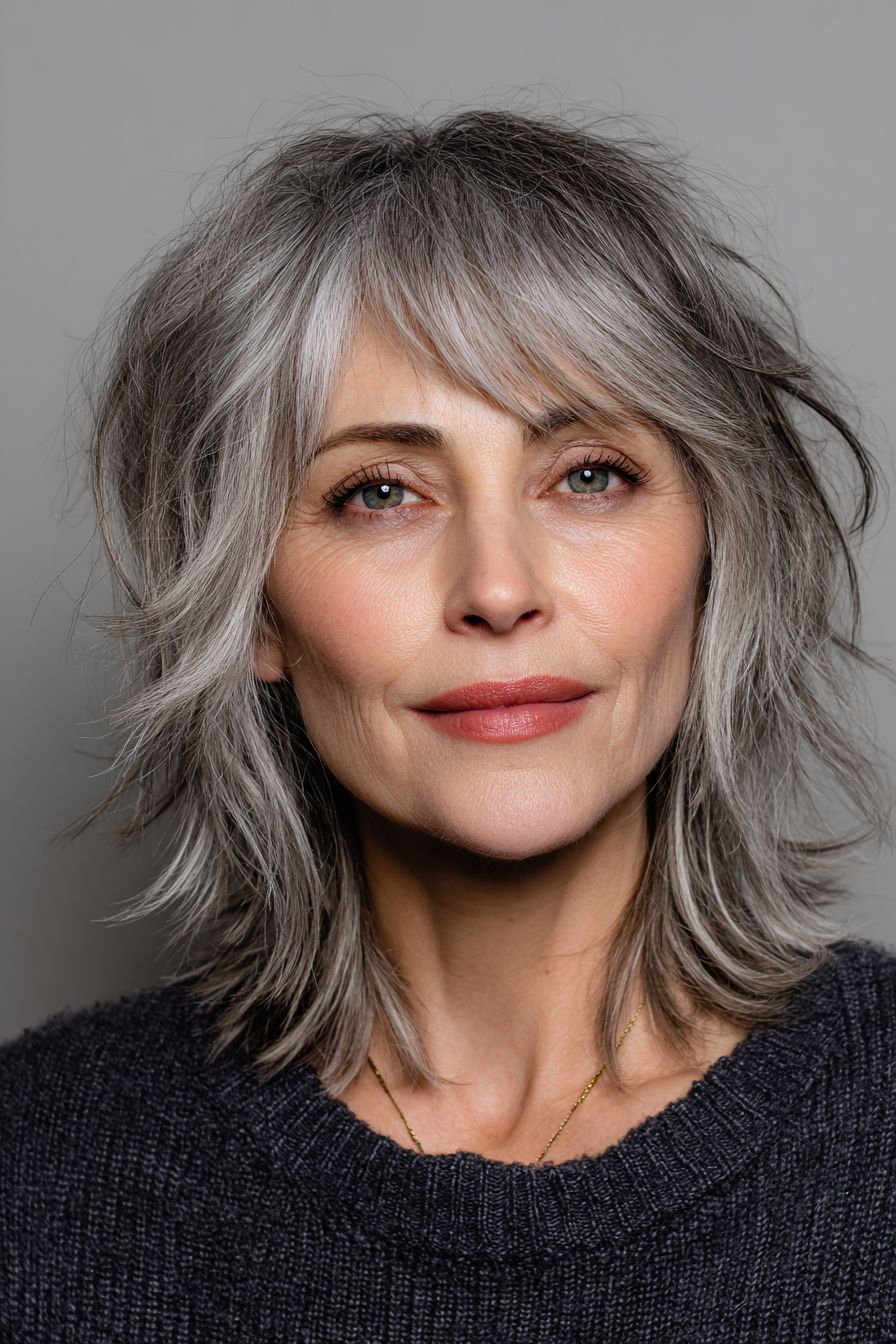 Femme avec coupe shag, cheveux gris mi-longs dégradés, loft artistique, style moderne décontracté, portrait réaliste