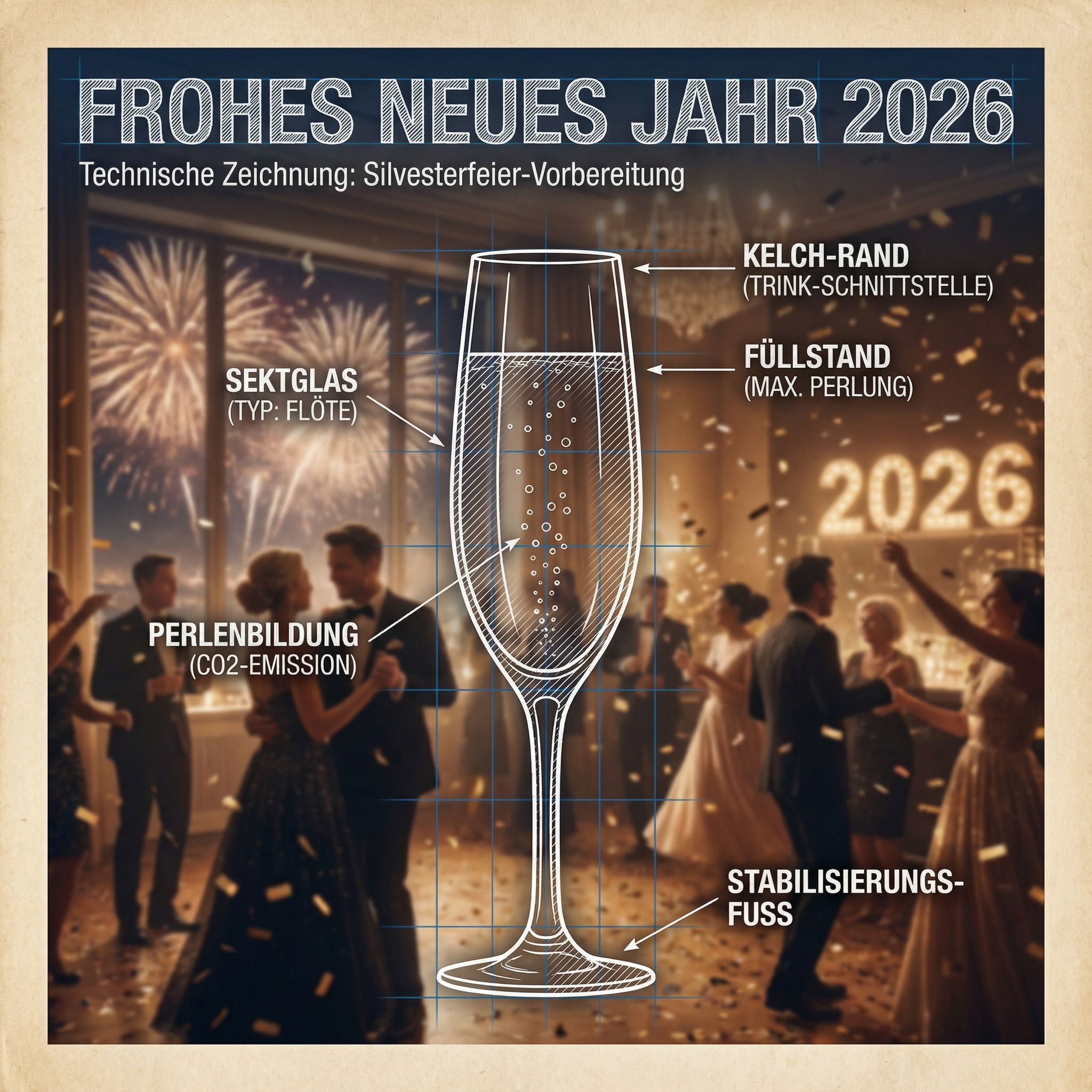 Silvester-Prompt Technische Zeichnung Sektglas Nano Banana