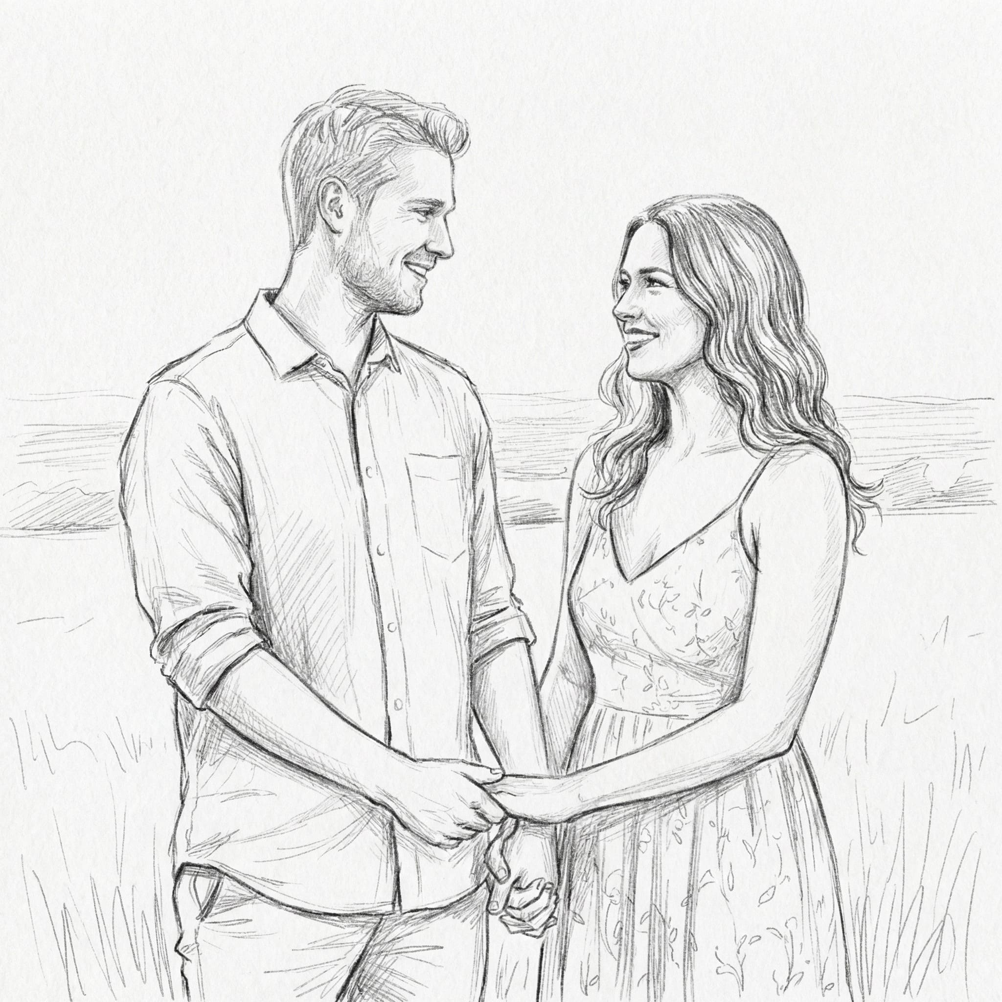 Couple photo turned into loose pencil sketch drawing