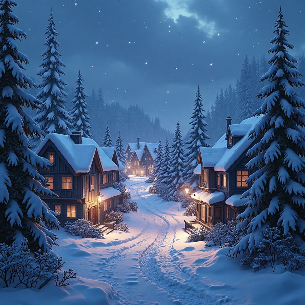 Snowy winter village at night with glowing windows and snow-covered roofs
