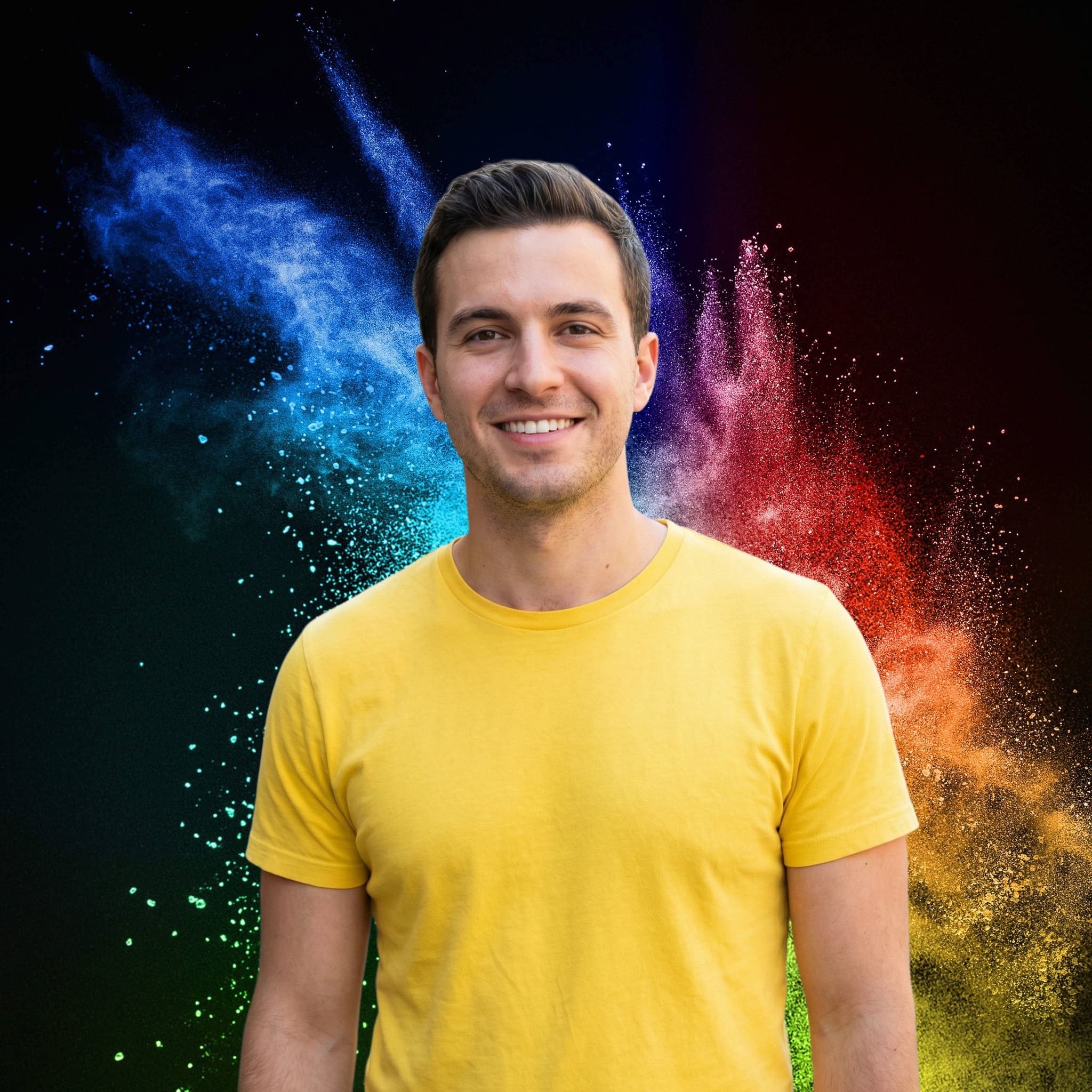 Same photo after AI background removal in PhotoDirector, with the subject placed on a bold solid color background suitable for a YouTube thumbnail