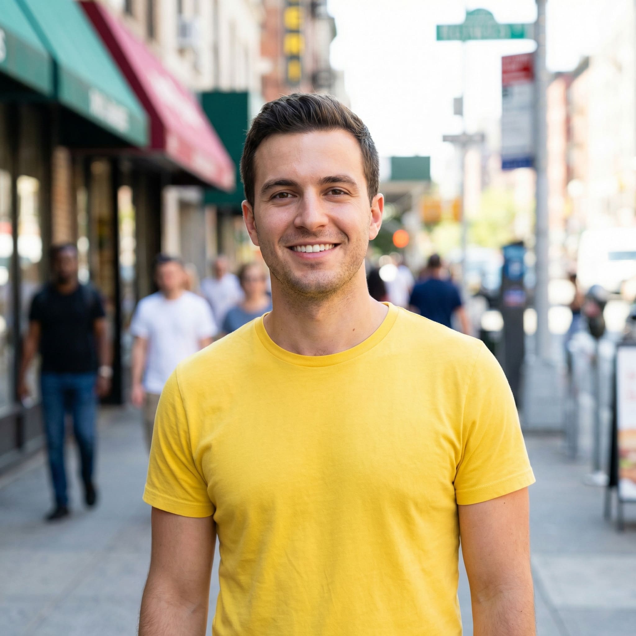 Photo before AI background removal, showing a person standing outdoors with a busy street background