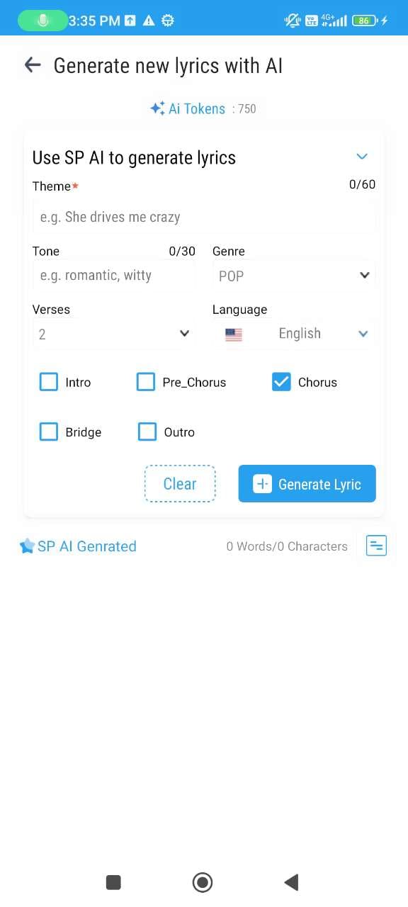 Songwriter's Pad lyric writing app interface