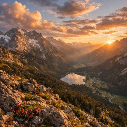 ChatGPT KI-Bild Alpenlandschaft im Sonnenuntergang
