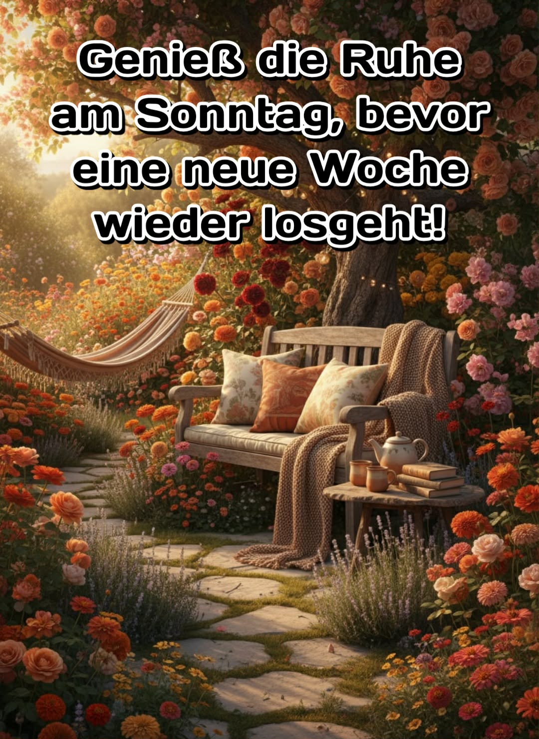 Sonntagsbild mit Gruß: 'Genieß die Ruhe am Sonntag, bevor eine neue Woche wieder losgeht.'