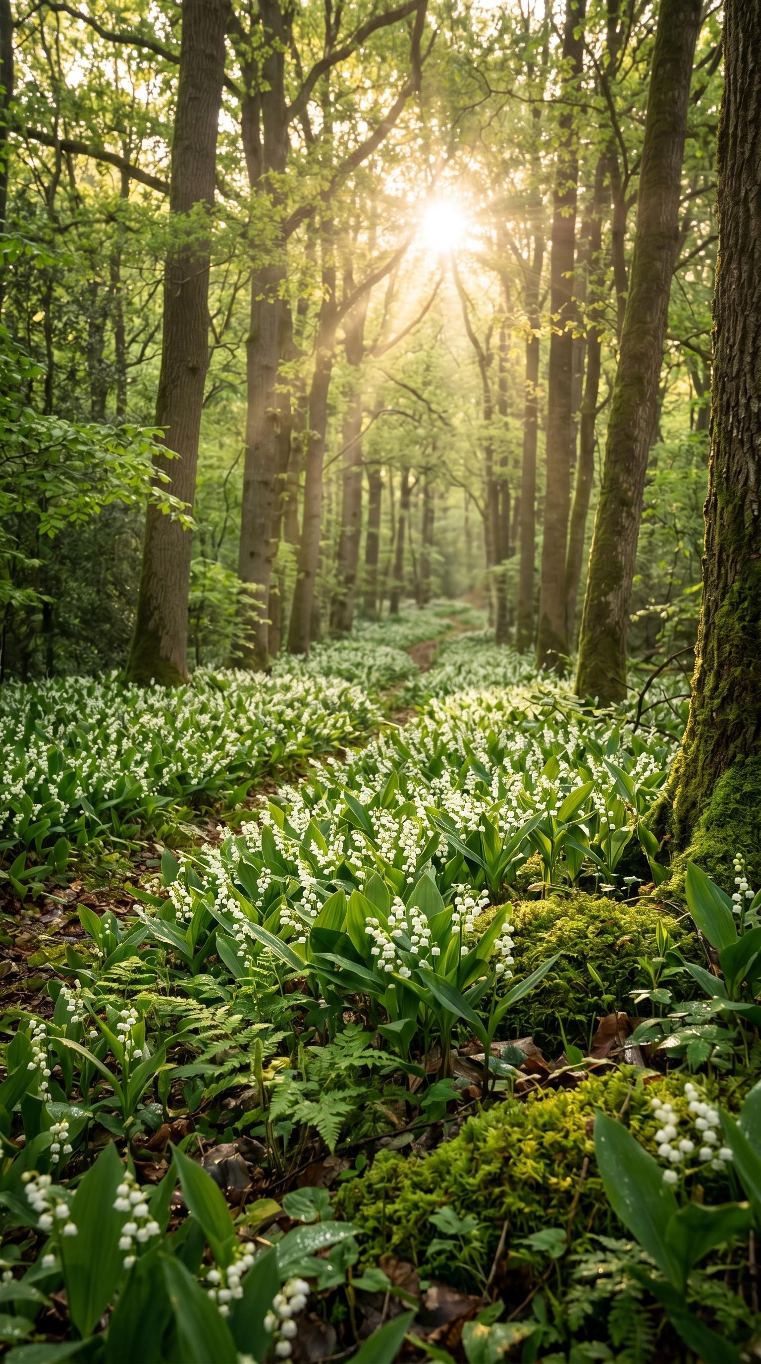 Sous-bois enchanté avec tapis de muguet sauvage pour le 1er mai, généré par IA