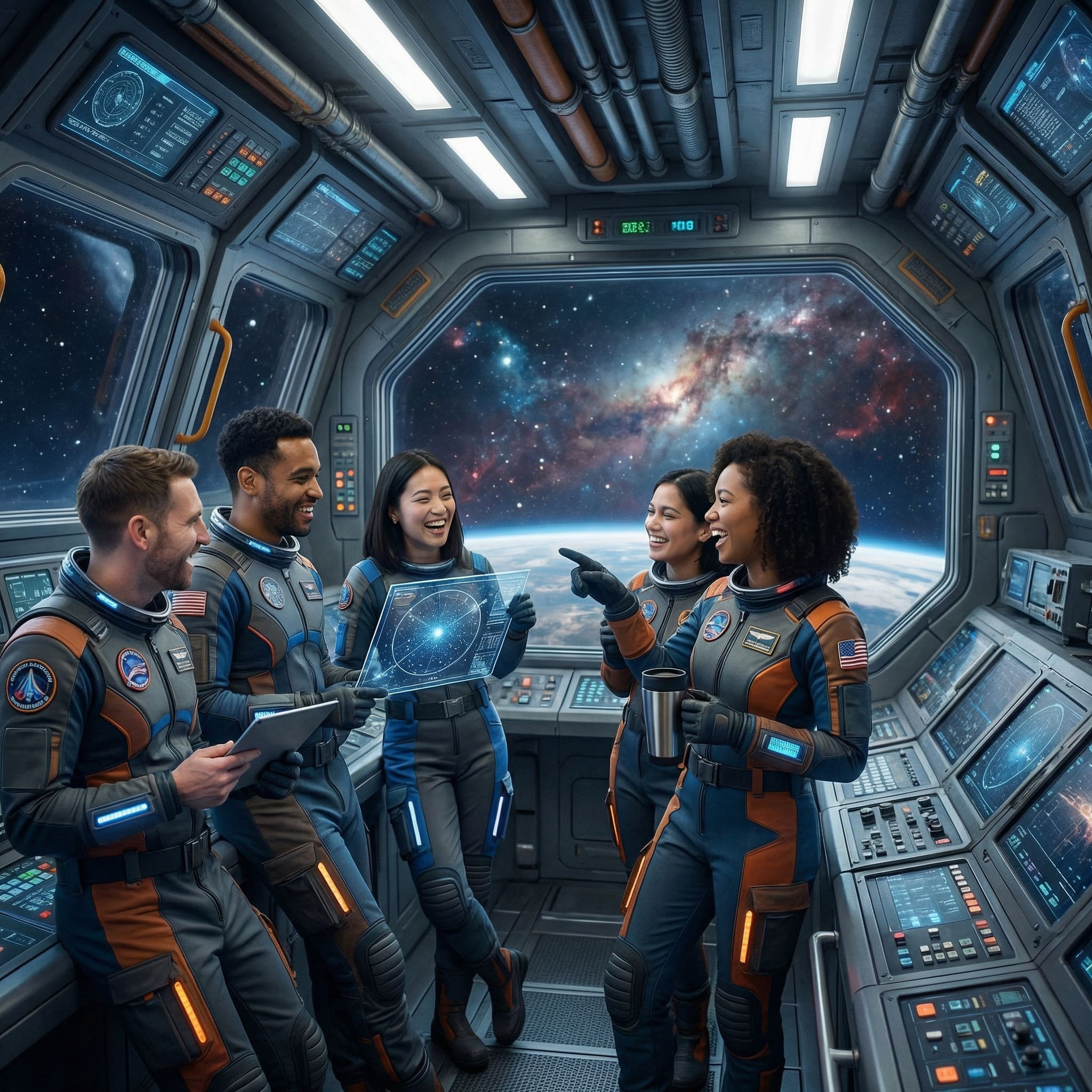 Voyage spatial avec collègues costumés - image IA Après