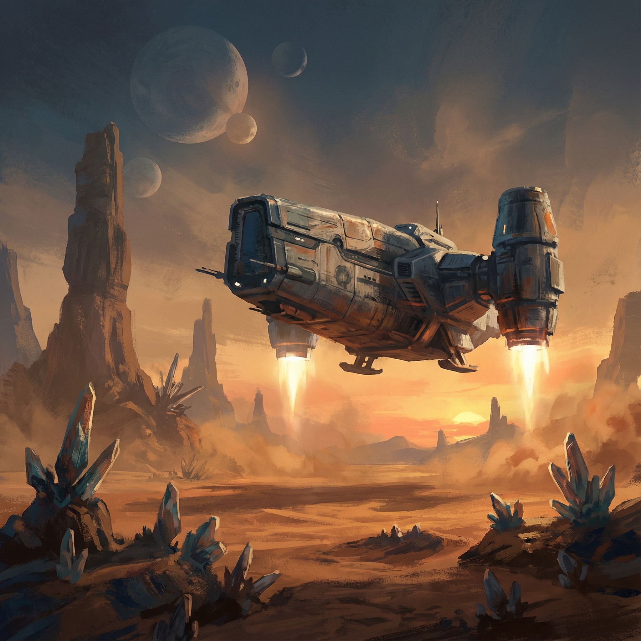 Spaceship landing on desert planet AI-generated illustration