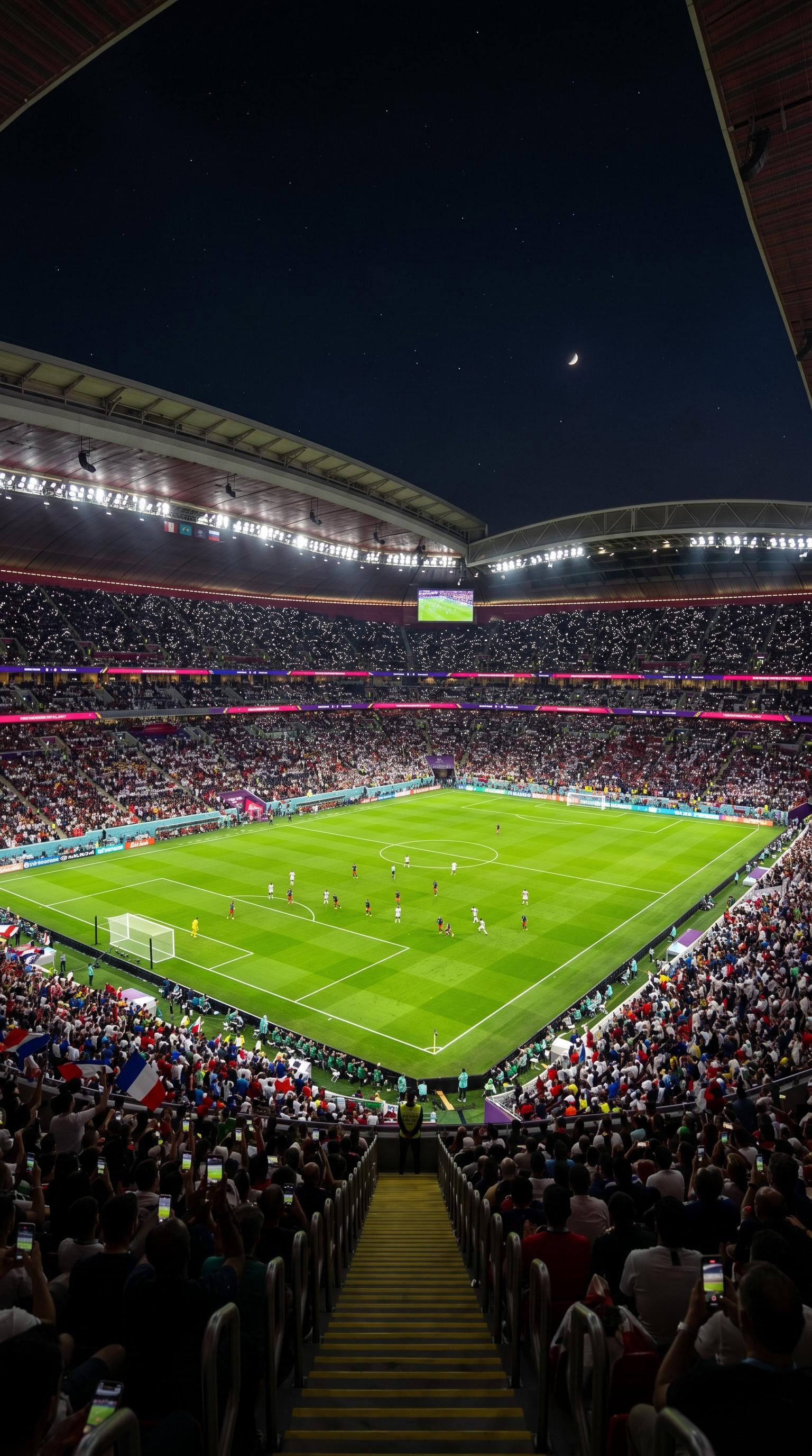 Photo cinématographique d'un stade sous les projecteurs pour la coupe du monde, générée par IA