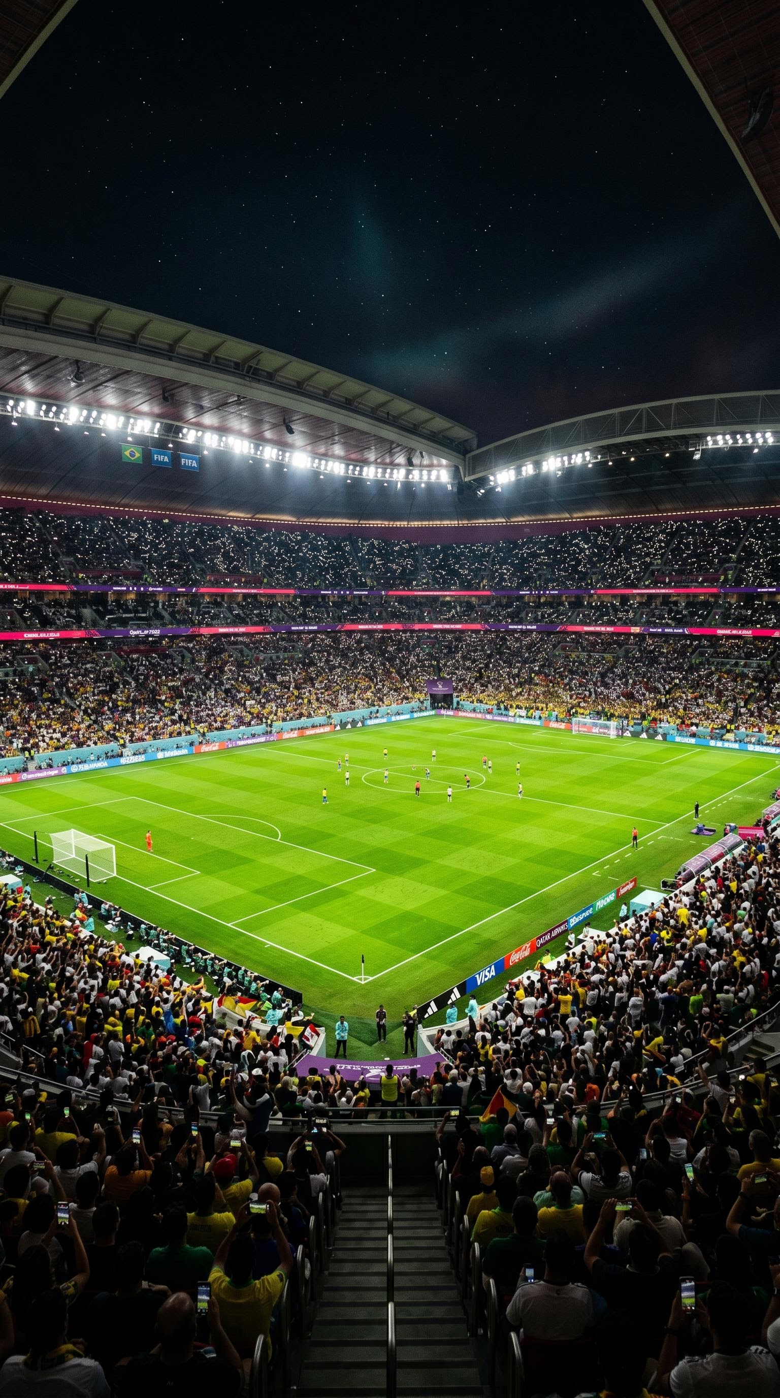 Cinematic photo of a stadium under floodlights for the World Cup, AI generated