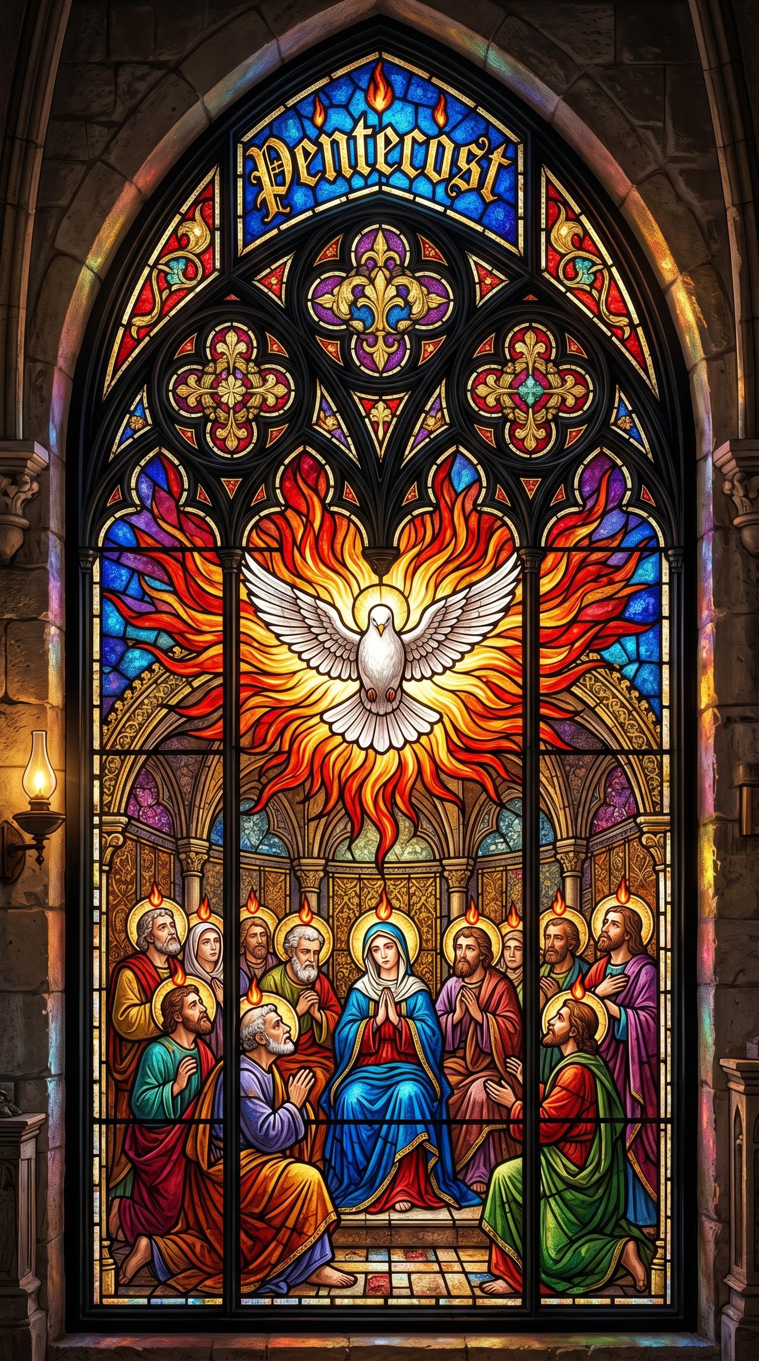 Colorful stained glass window for Pentecost Sunday, AI generated