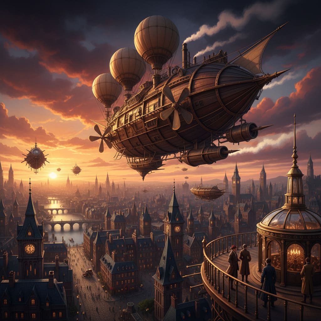 Steampunk airship over Victorian city AI-generated illustration