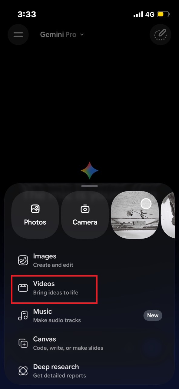 Select the video creation mode in Gemini.