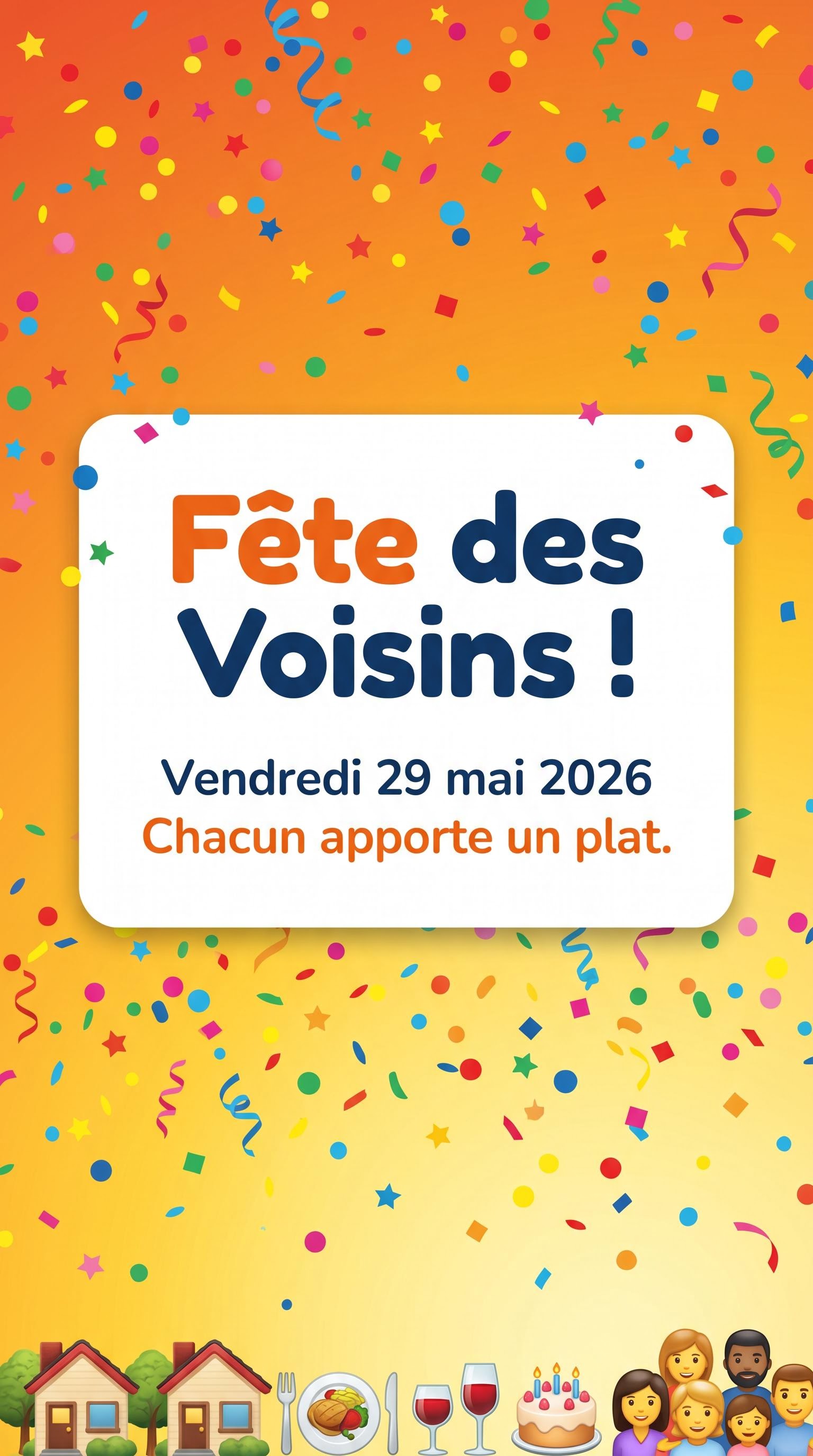 Story verticale dynamique avec confettis pour la fête des voisins, générée par IA