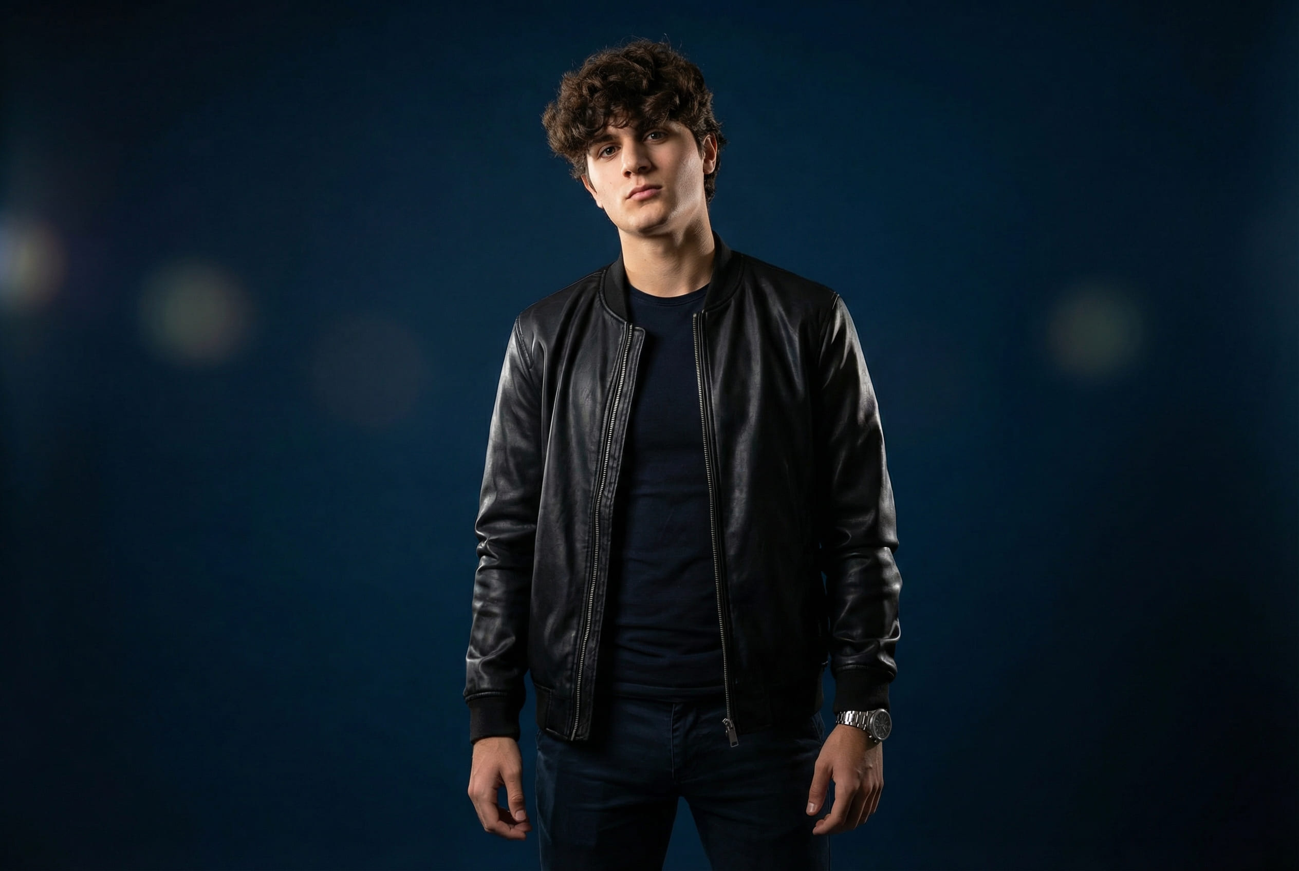 Moody cinematic studio portrait in streetwear