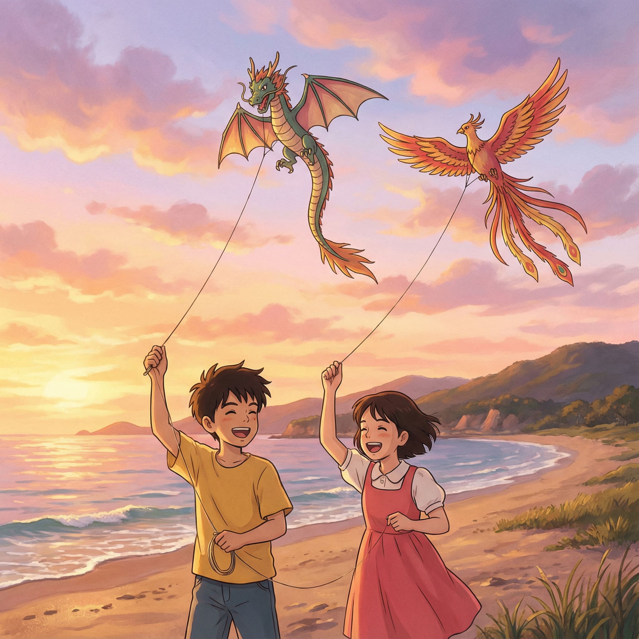 Summer beach sunset with friends AI-generated illustration