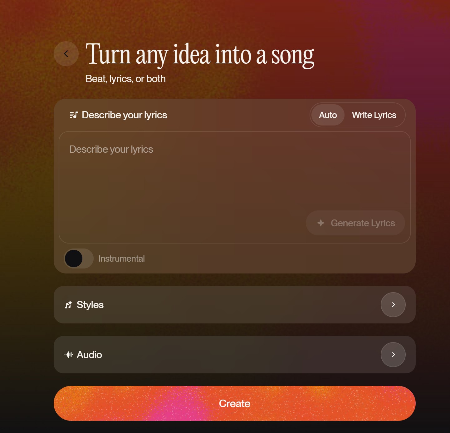 Interfaz de la creación avanzada de música de Suno IA
