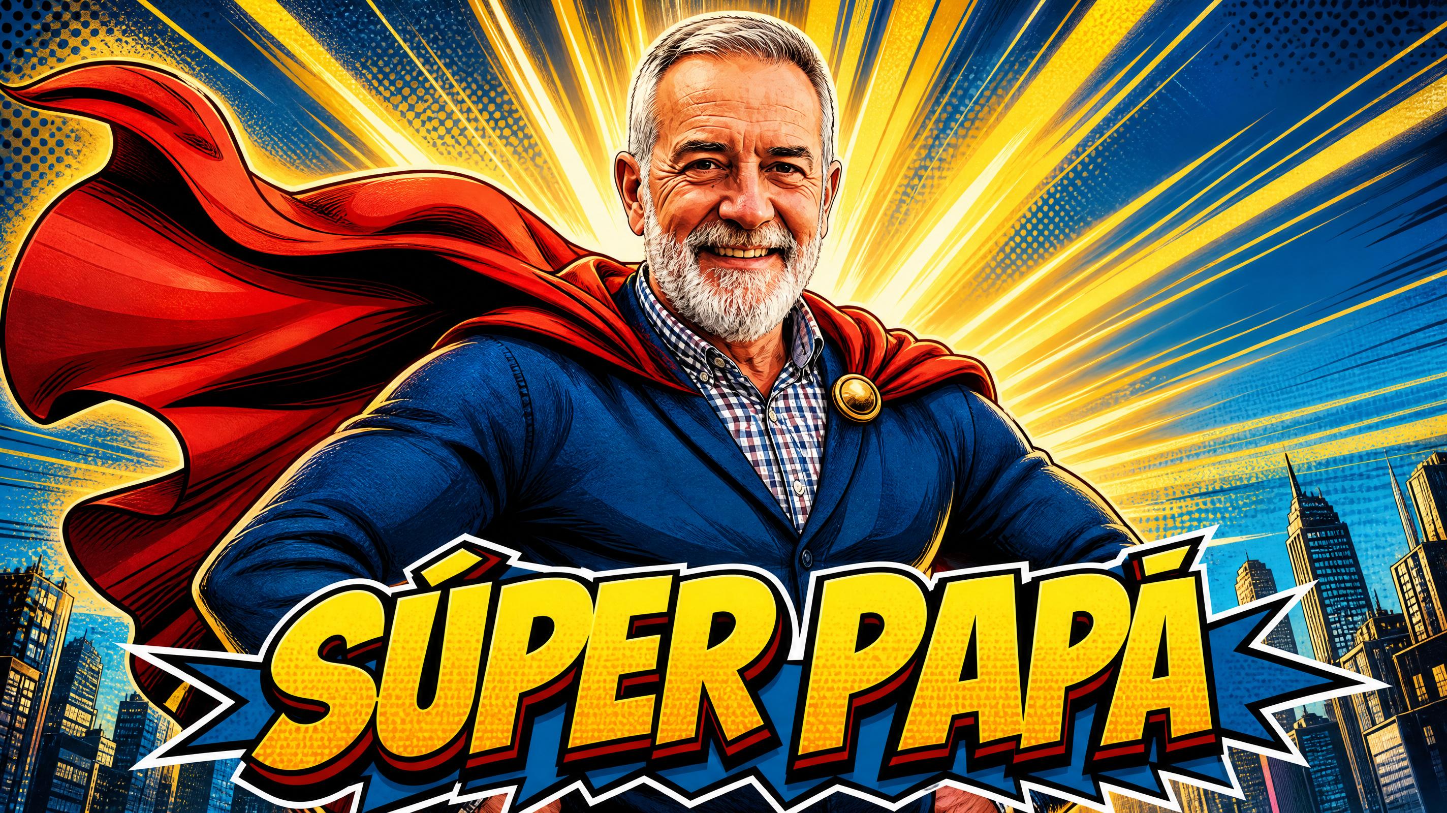 Imagen Súper Papá estilo superhéroe para el Día del Padre con IA