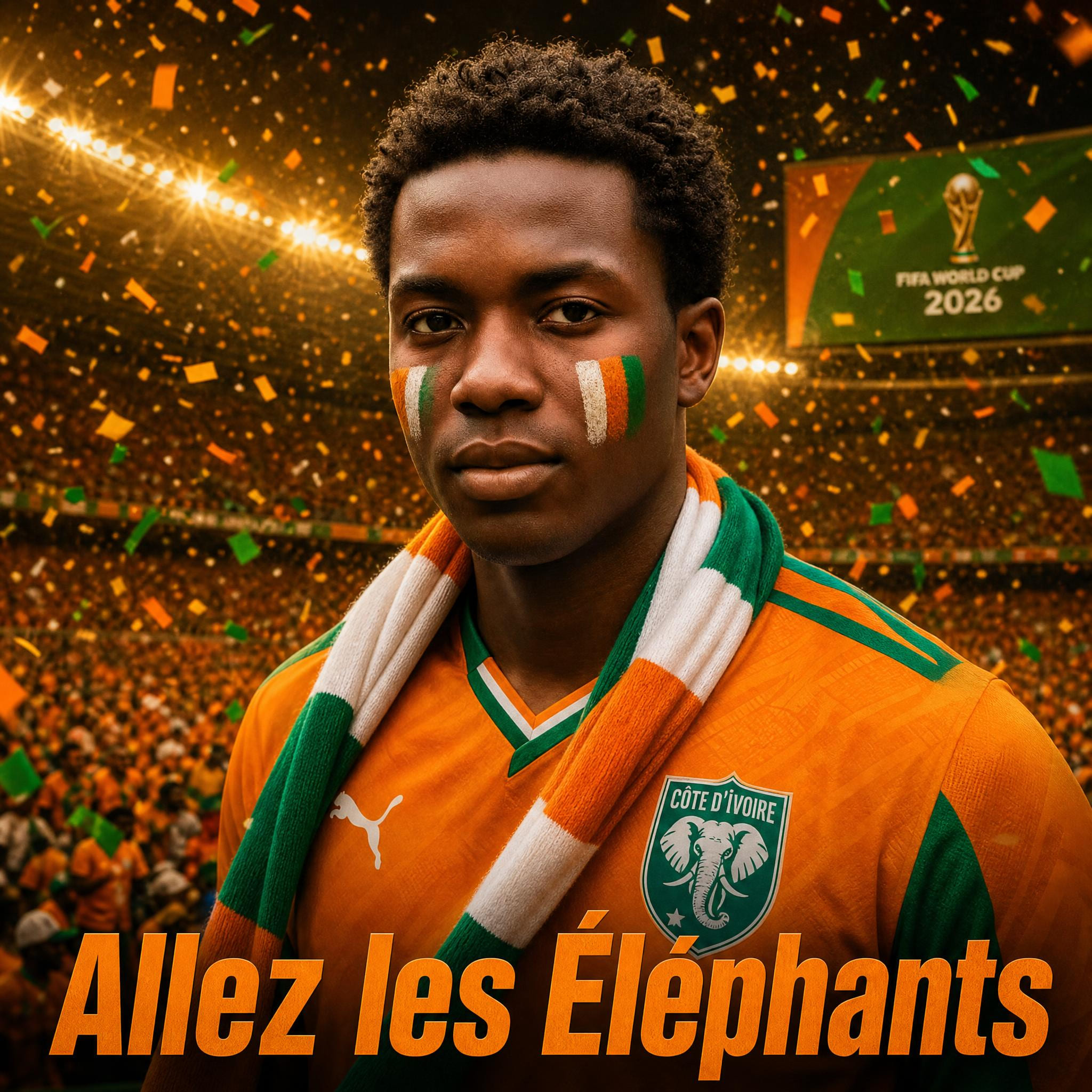 Portrait supporter équipe de Côte d'Ivoire créé par l'IA pour la Coupe du Monde 2026