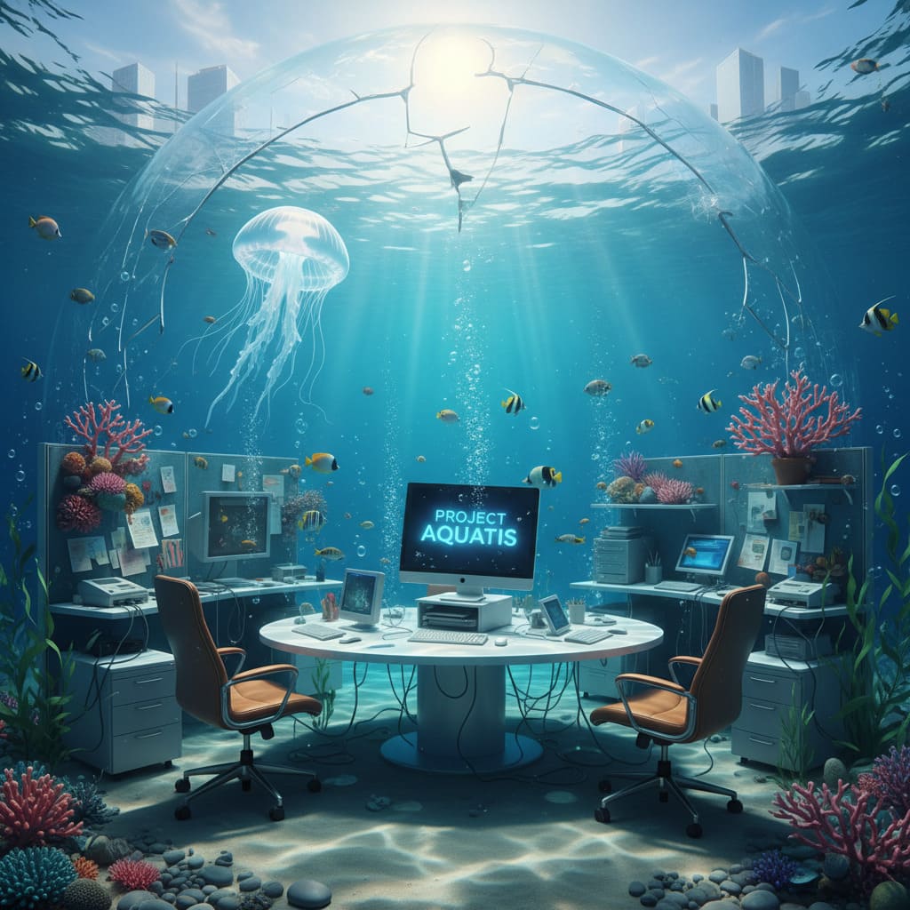 KI-Bild eines surrealen Büros unter Wasser
