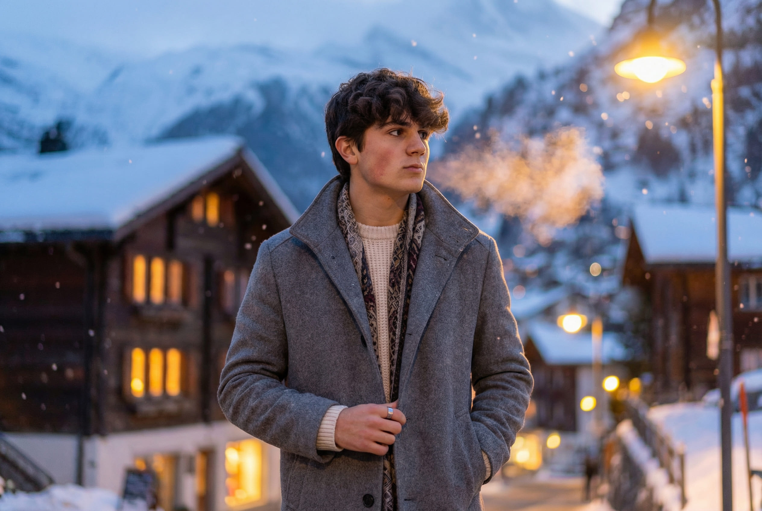 Cinematic winter portrait in Swiss alpine village