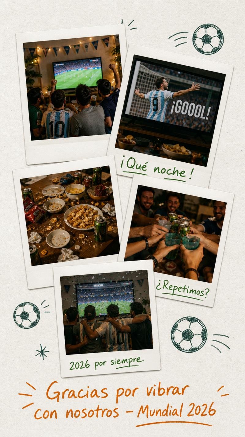 Tarjeta estilo polaroid de una juntada de hinchas del Mundial 2026, generada con IA