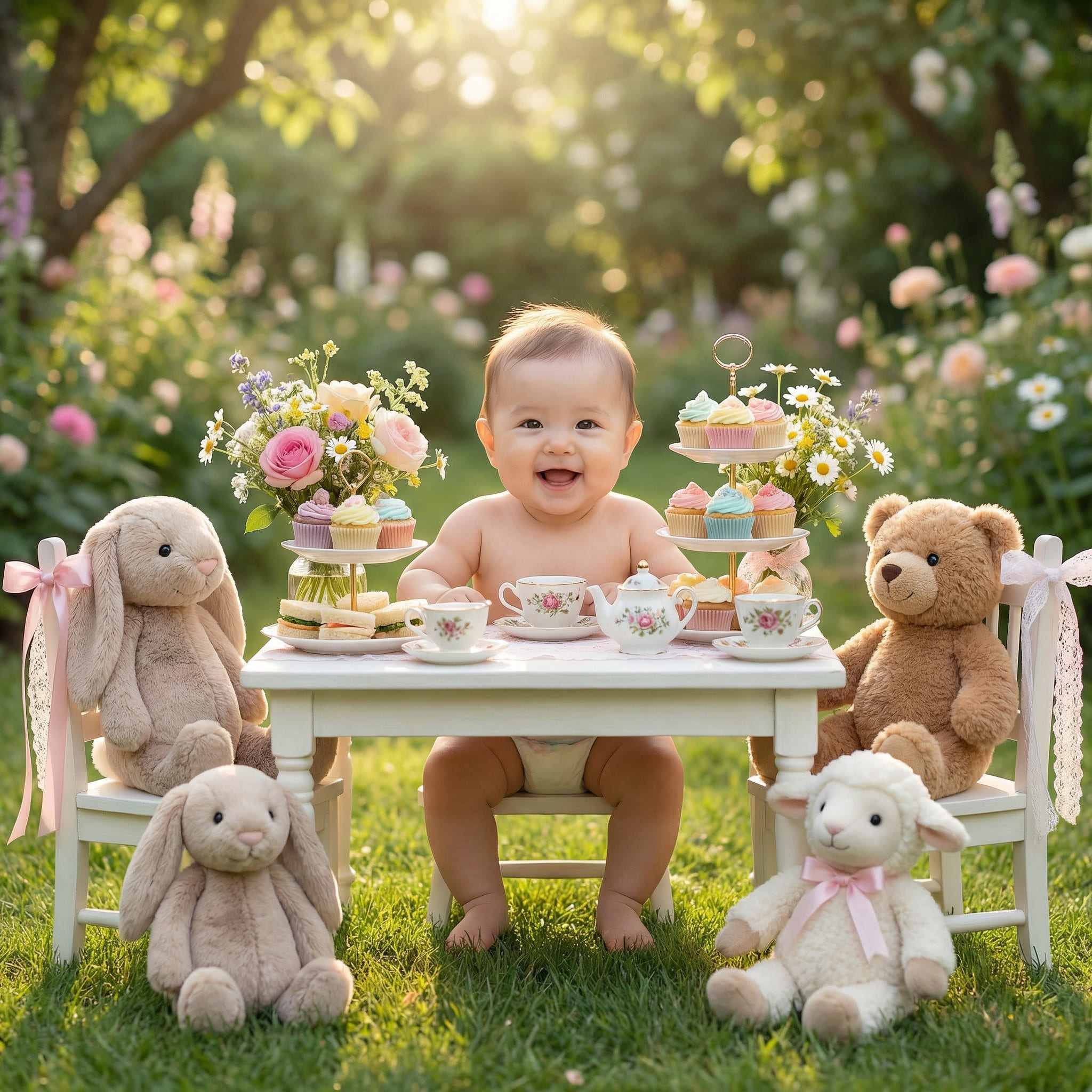 Baby at a tiny tea party with stuffed animals