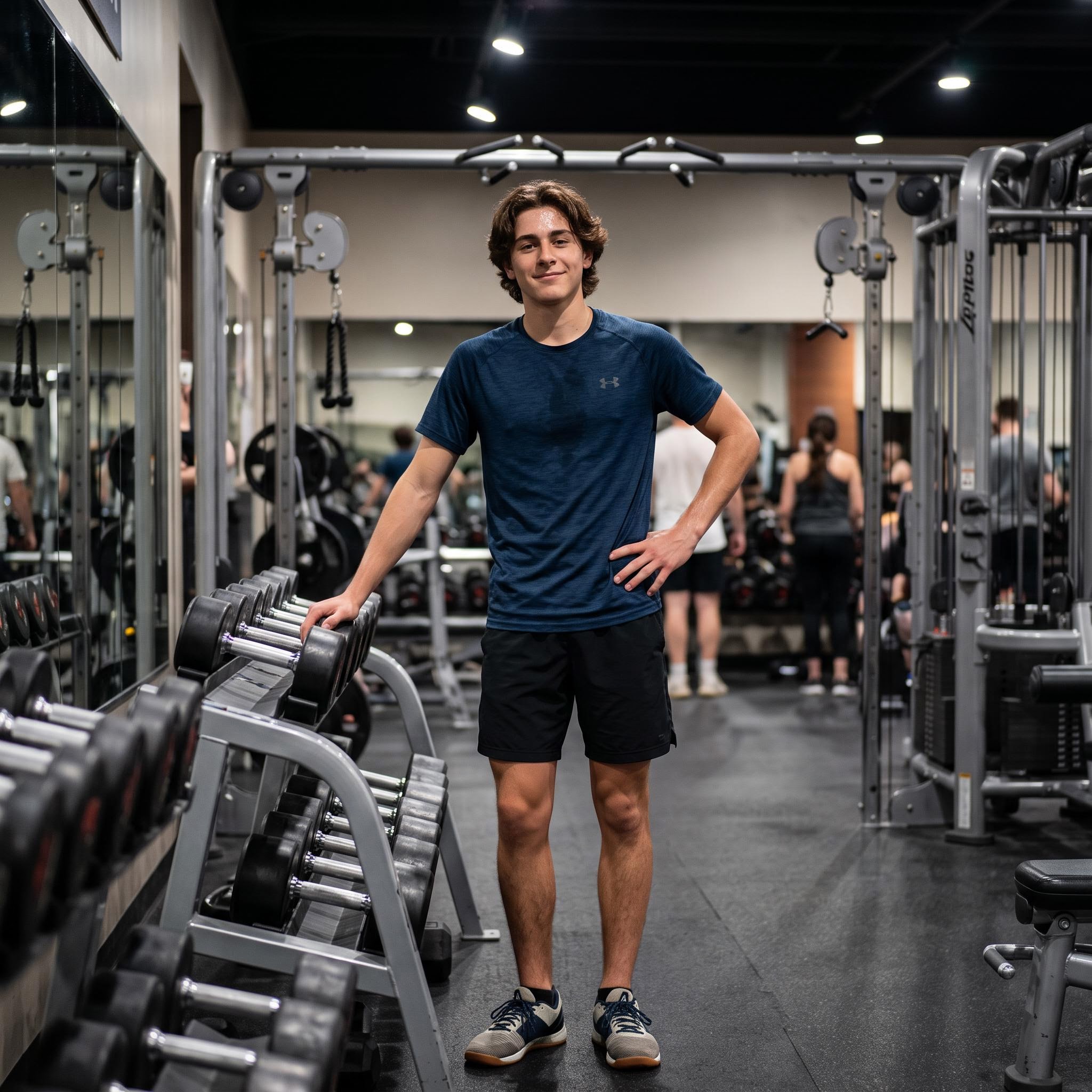 AI result: teen boy in sportswear inside a gym under directional overhead lighting