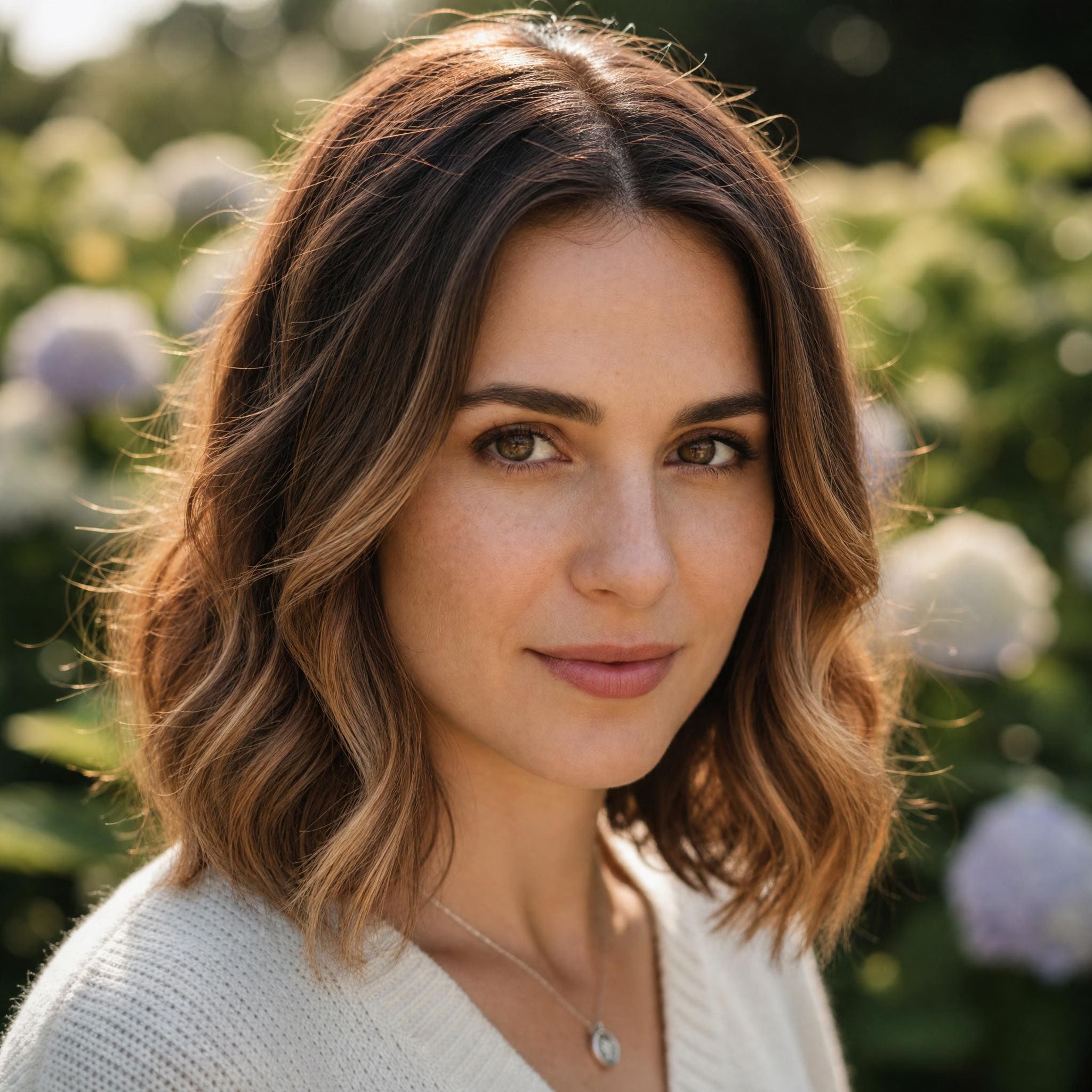 Cheveux Balayage Caramel générée avec MyEdit, mèches dorées et reflets miel