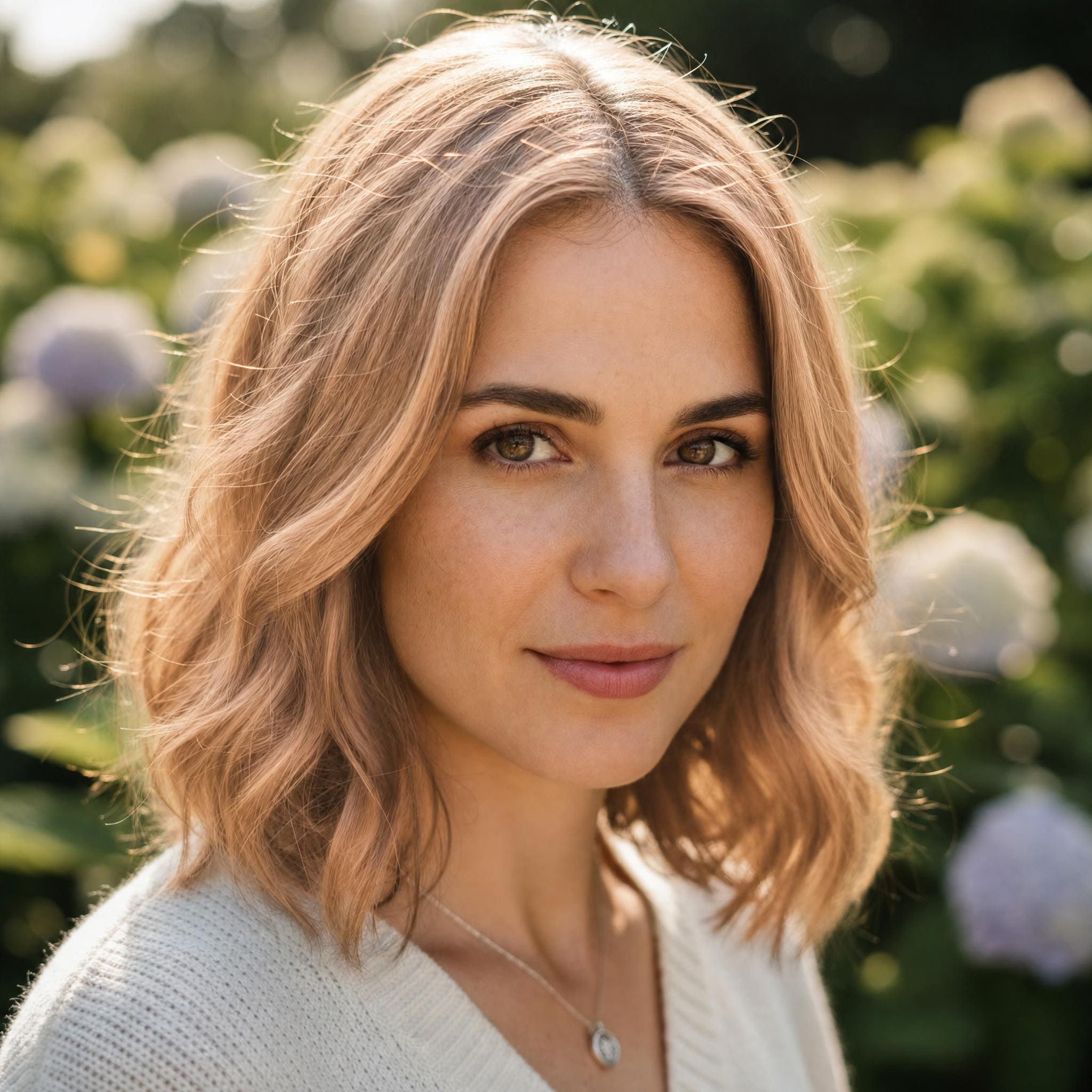 Cheveux Peach Fuzz Blond générée avec MyEdit, blond pêche inspiré Pantone