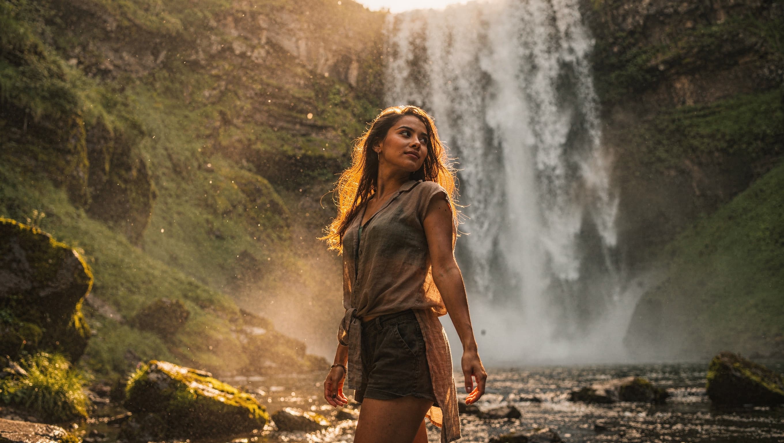 Mujer de pie frente a una cascada, imagen generada con Tensor Art