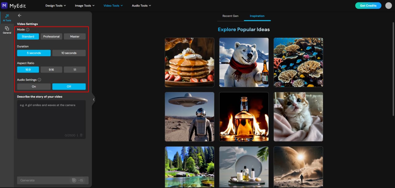 Choose mode and settings in MyEdit Text to Video