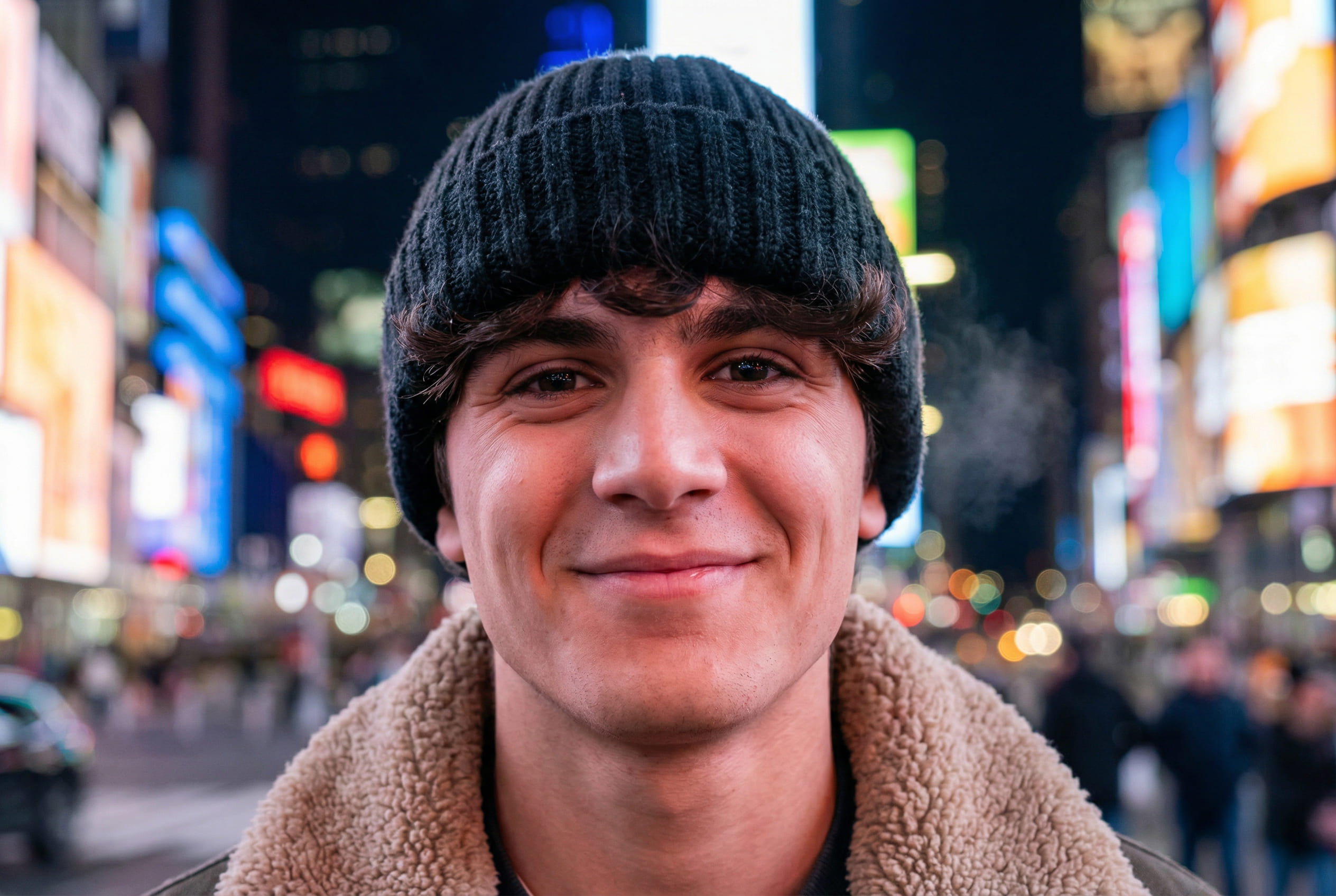 Close-up portrait in Times Square winter night