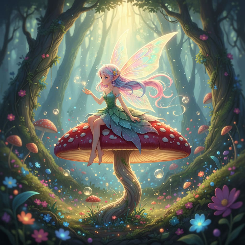 Tiny fairy on mushroom AI-generated illustration