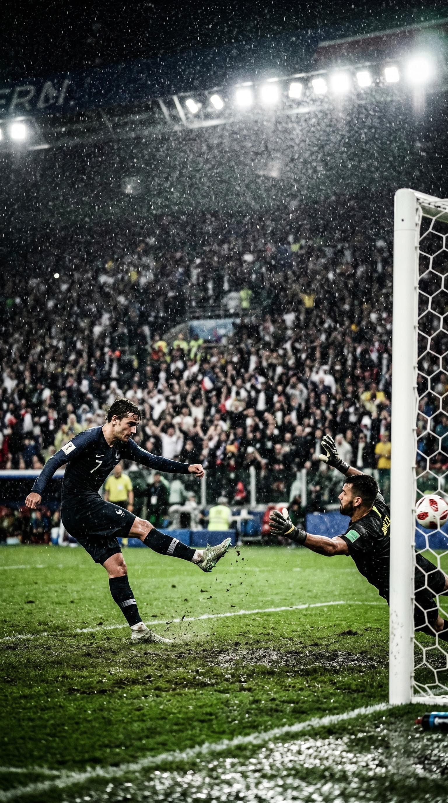 Photo dramatique d'un tir au but sous la pluie en coupe du monde, générée par IA