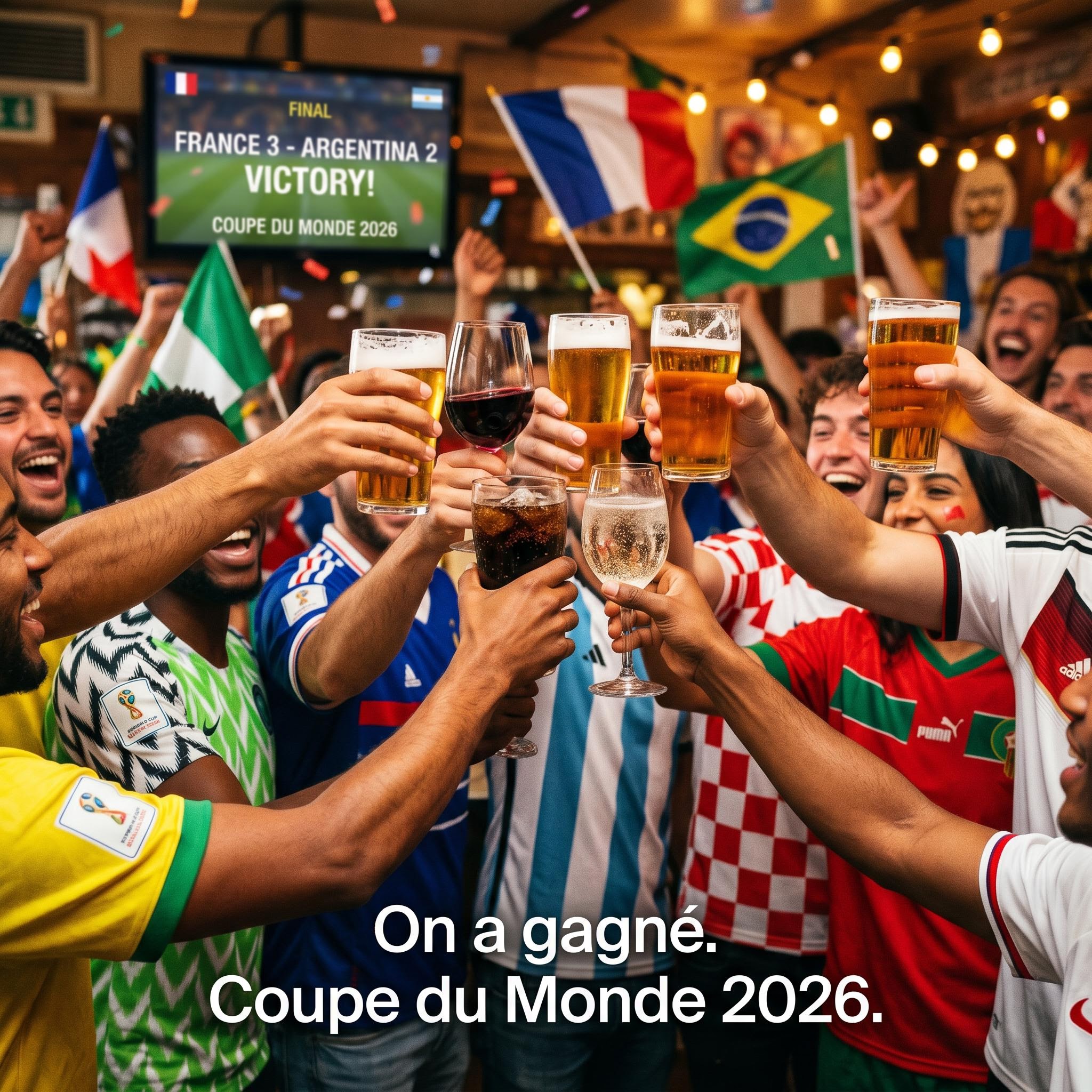 Photo lifestyle du toast de supporters après le match de coupe du monde, générée par IA
