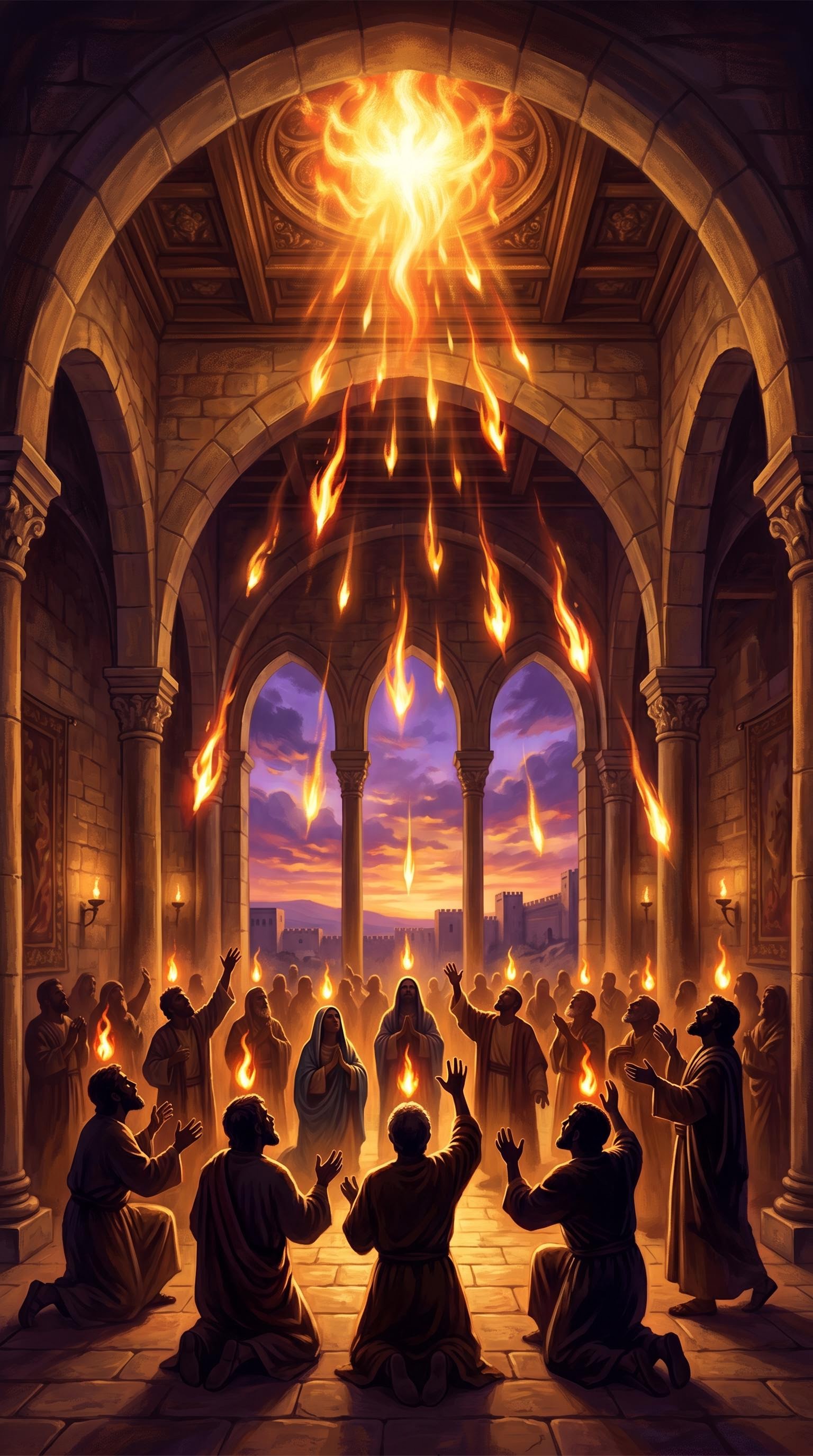 Tongues of fire descending on the apostles for Pentecost Sunday, AI generated