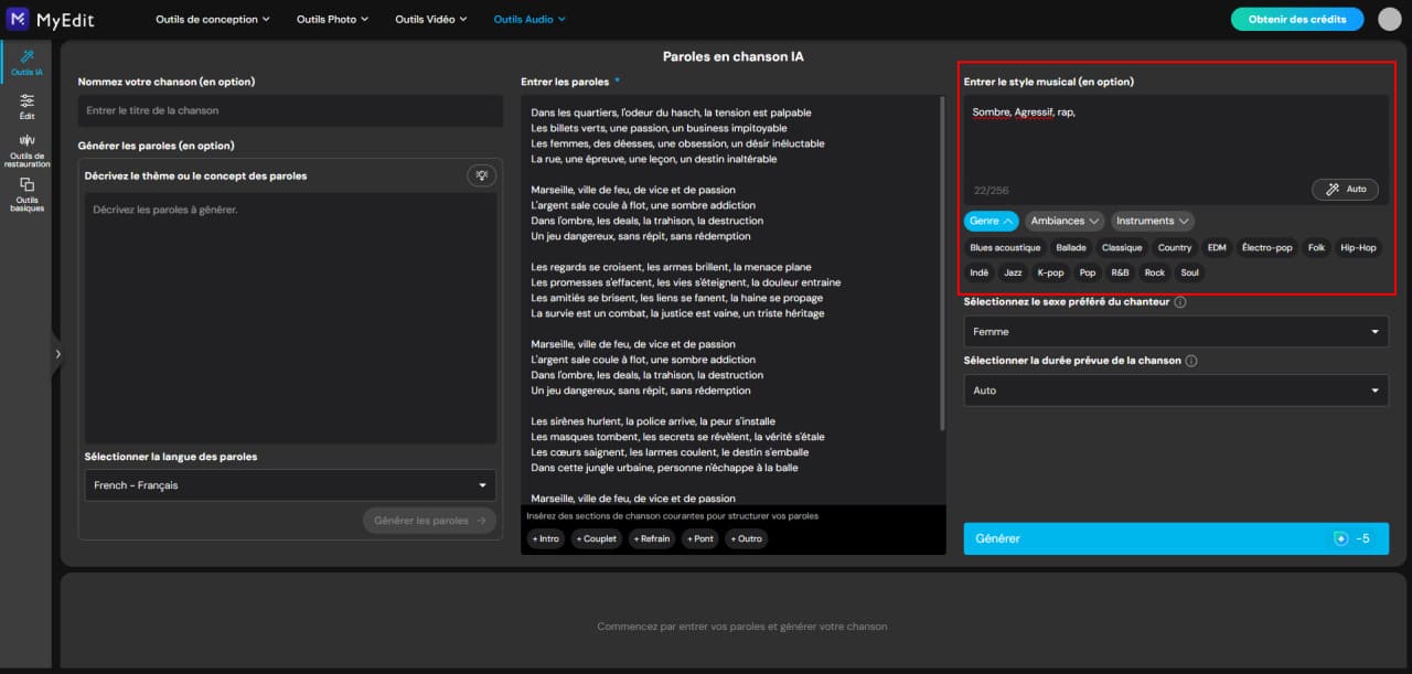 Sélectionner un style musical avec MyEdit
