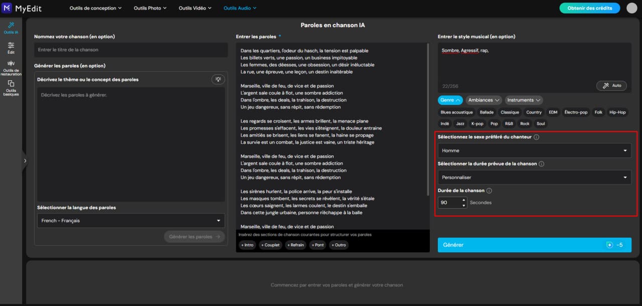 Régler la durée de la chanson avec MyEdit
