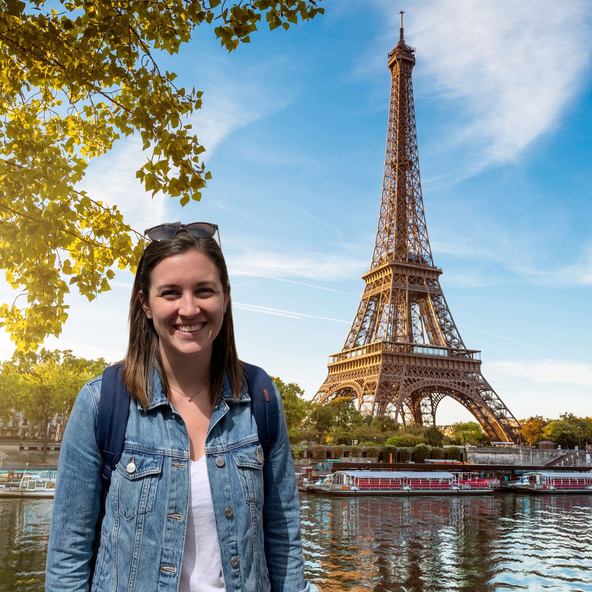 Same travel photo after AI background removal in PhotoDirector, with the subject placed in front of a dramatic landscape background