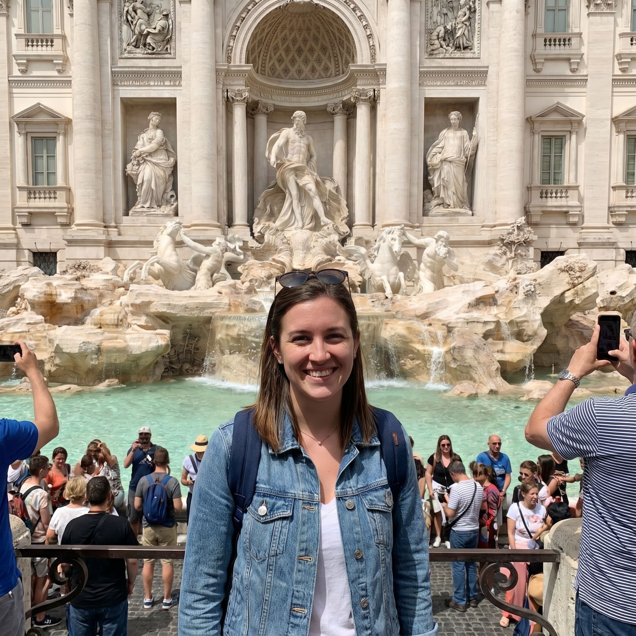 Travel photo before AI background removal, showing a person in front of a crowded tourist location