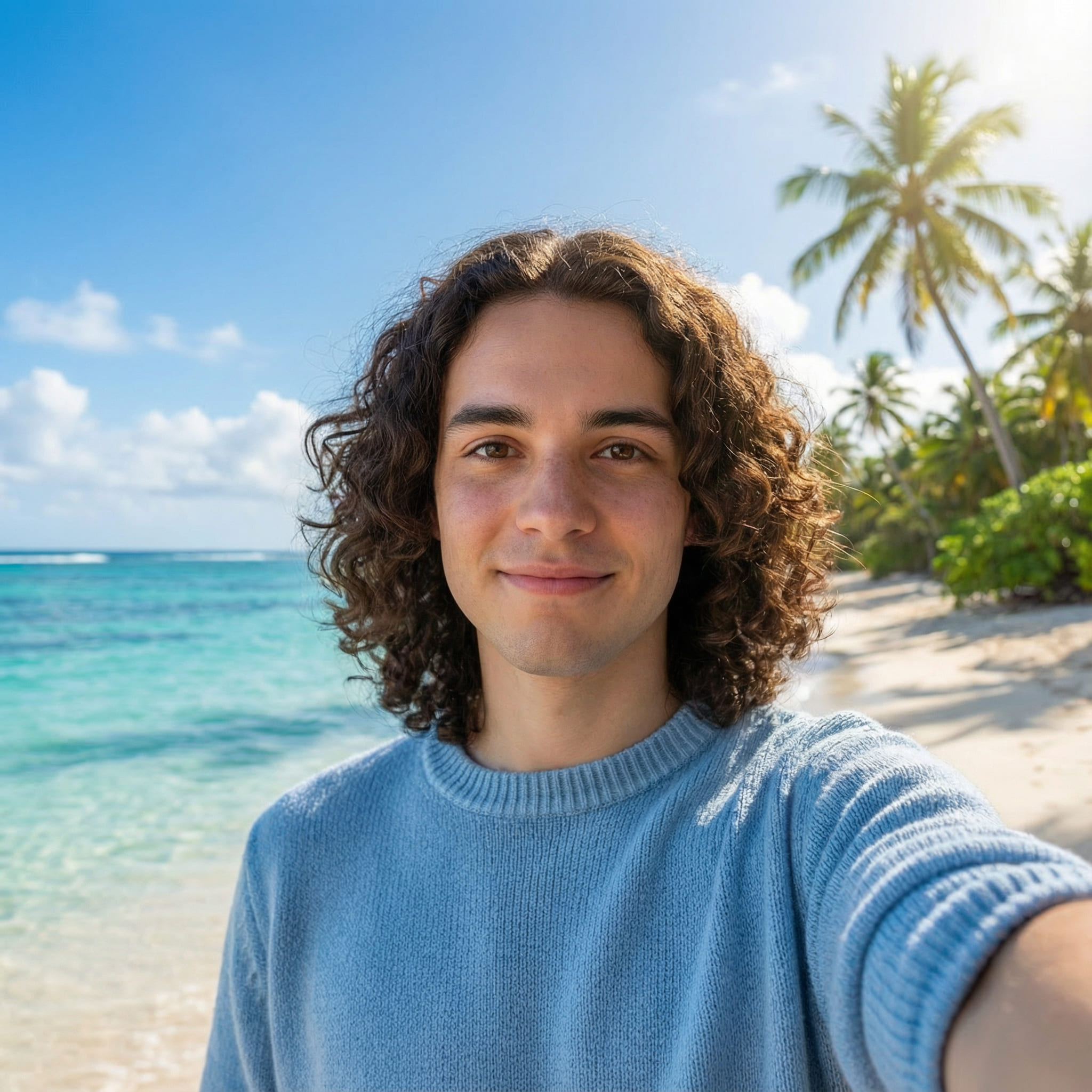 Indoor Portrait with Tropical Beach Background