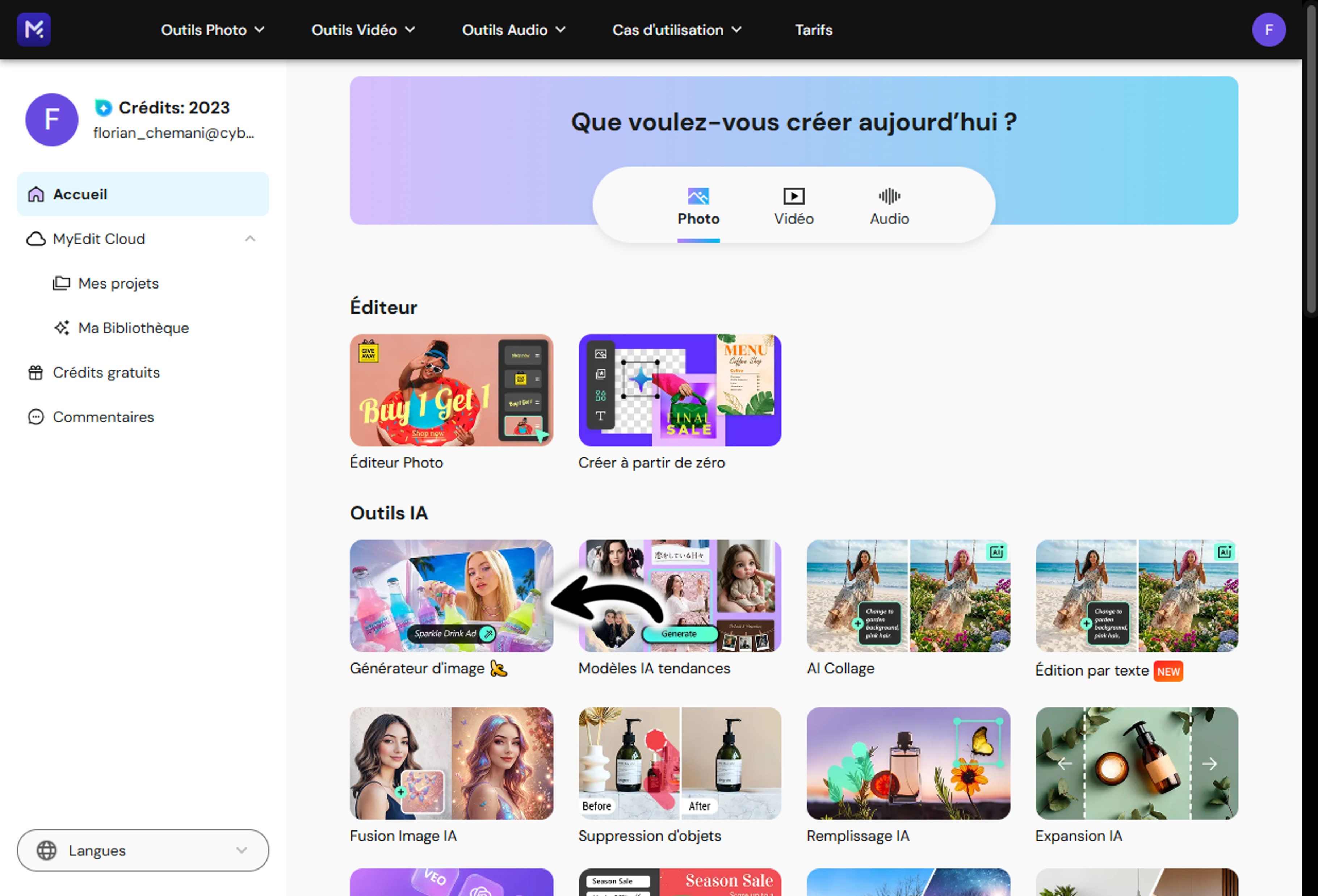 Ouverture du générateur d'images IA MyEdit pour créer un portrait filtre GTA