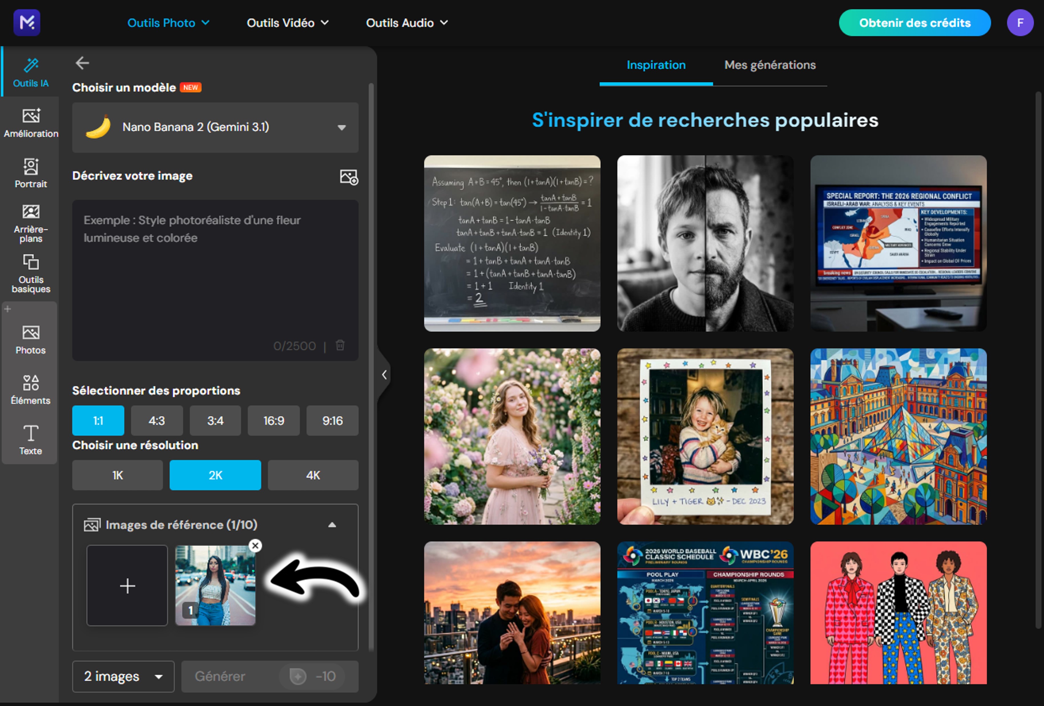 Upload d'une photo de référence selfie dans MyEdit pour l'effet filtre GTA