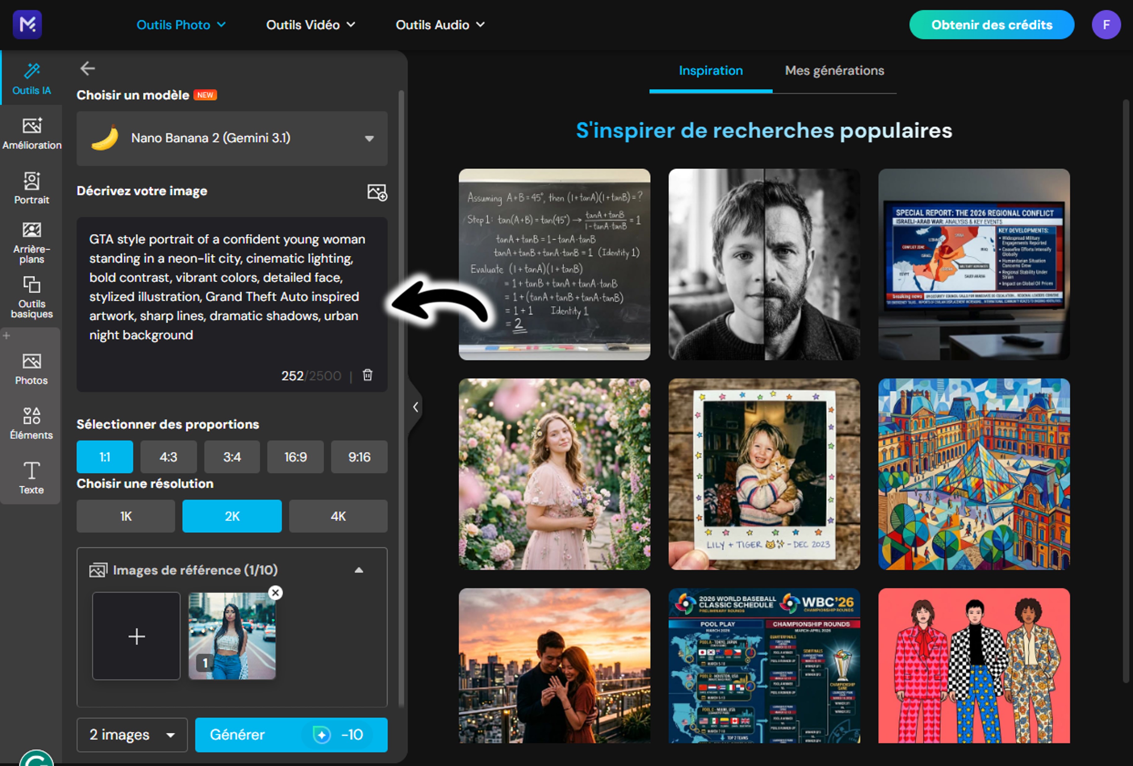 Saisie d'un prompt textuel style GTA dans le générateur d'images IA MyEdit