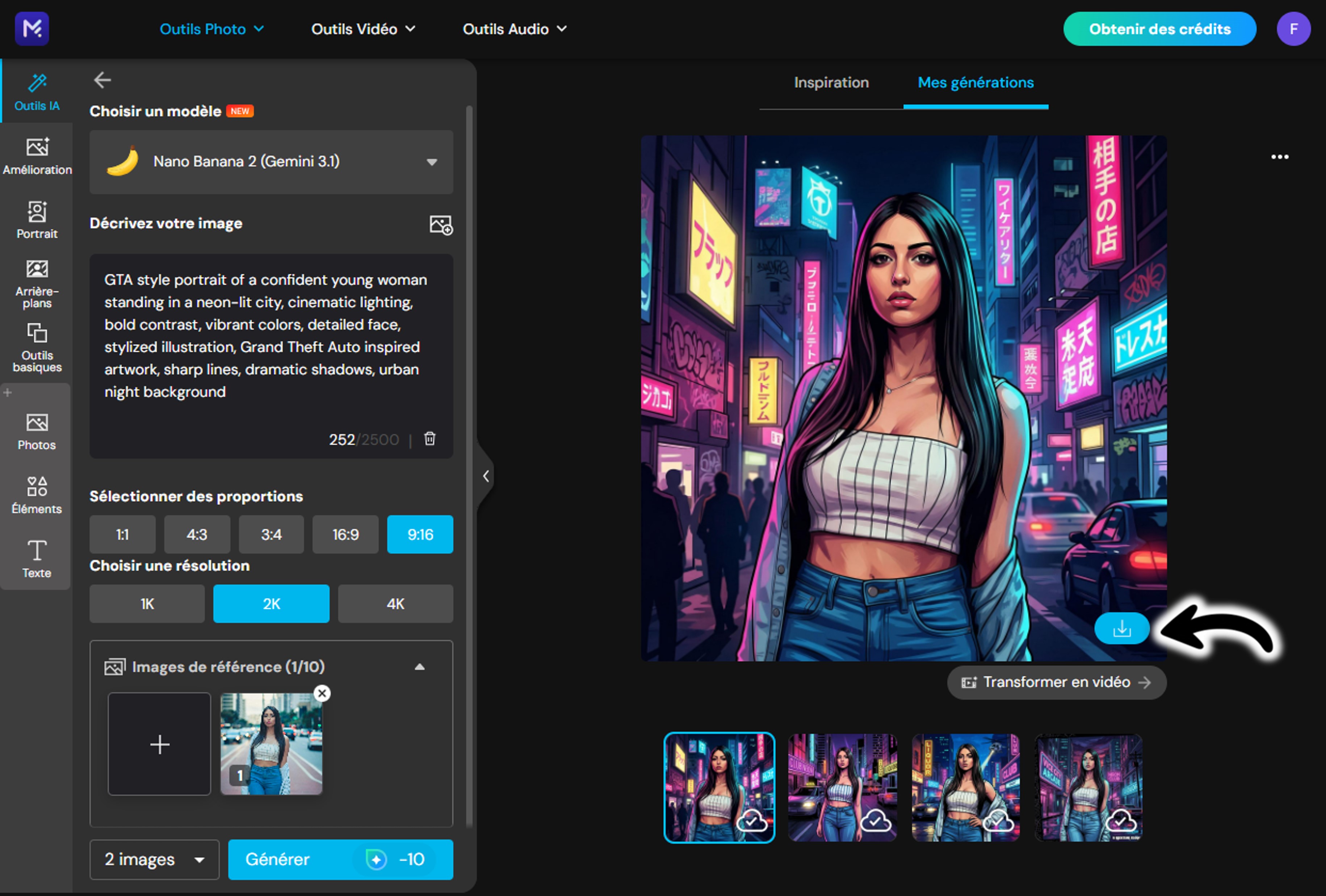 Résultat du portrait filtre GTA généré dans MyEdit avec option de téléchargement