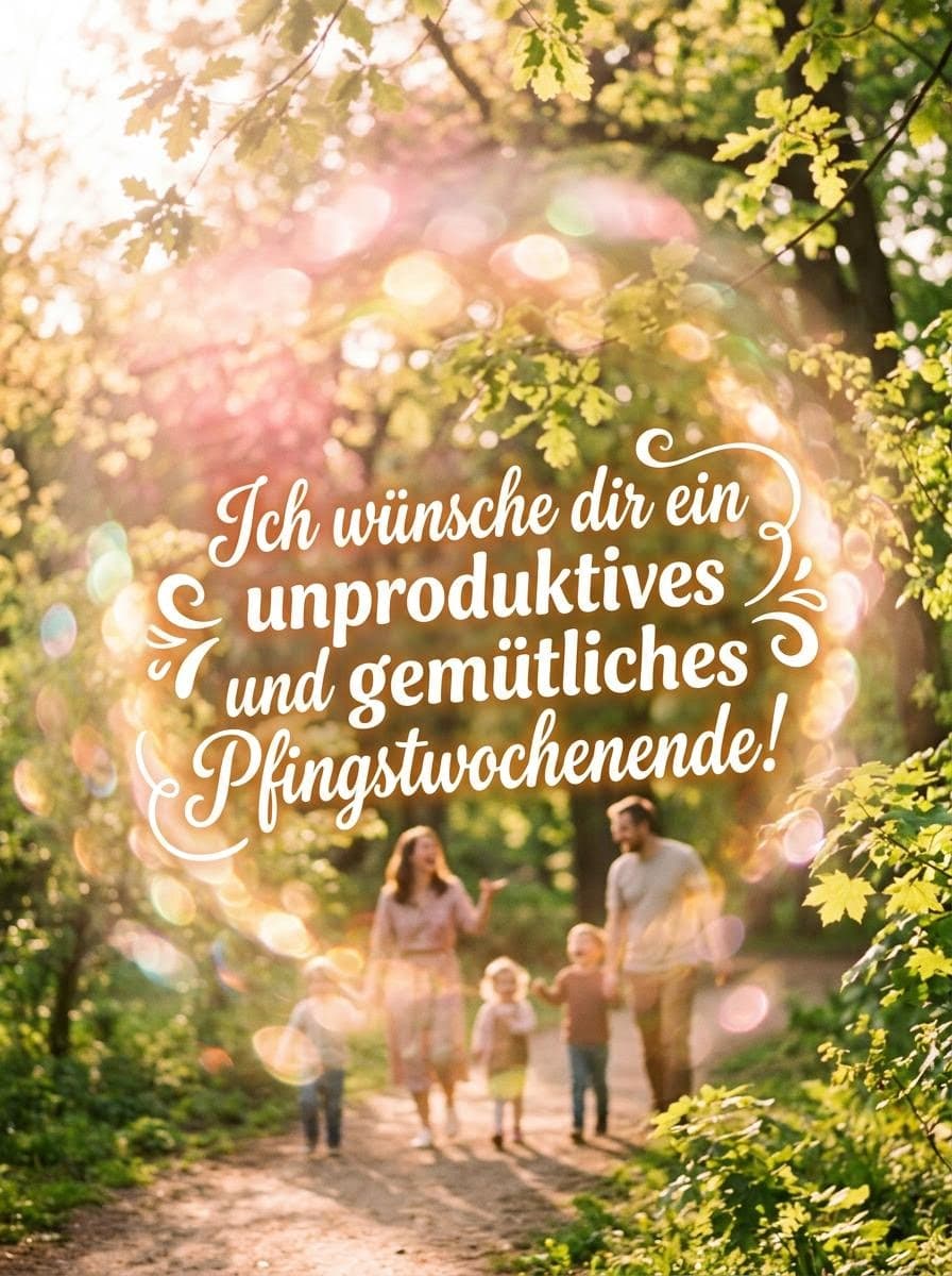 Eine glückliche Familie läuft unscharf im Hintergrund durch einen sonnigen Park, während im Vordergrund eine elegante weiße Schrift mit Schnörkeln Ich wünsche dir ein unproduktives und gemütliches Pfingstwochenende! zu sehen ist.