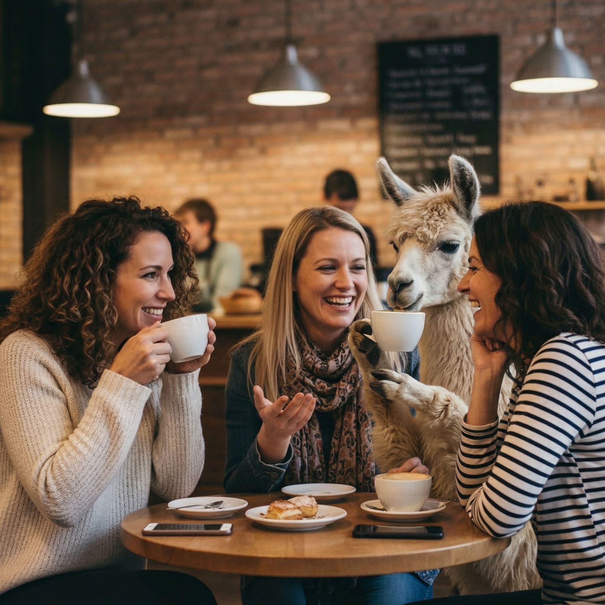 Pause café avec un ami et un lama - image IA Après