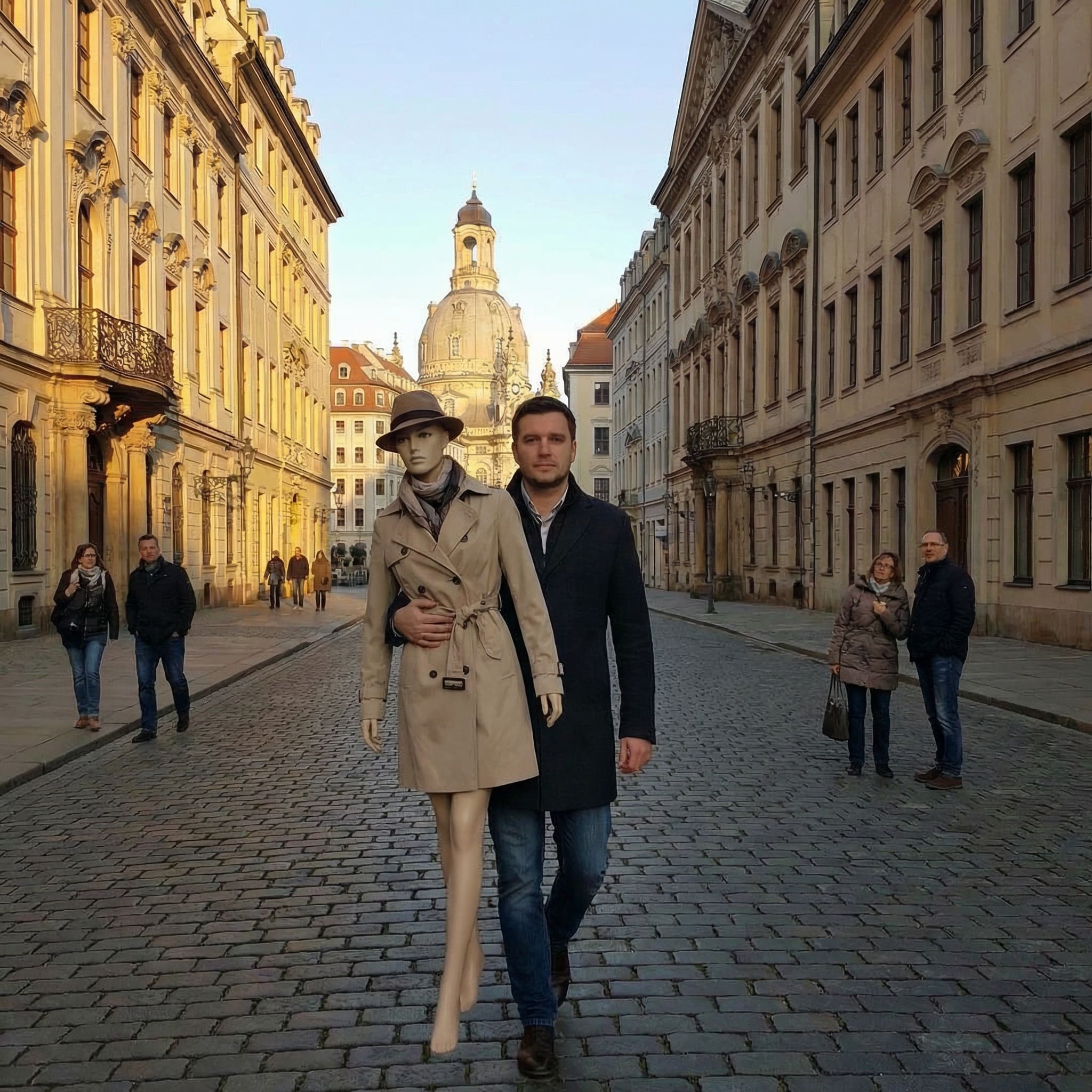 Rue transformée avec un ami et un mannequin réaliste - image IA Après