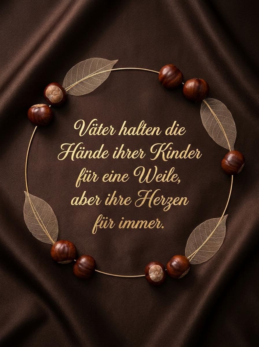 Edles Vatertagsbild auf dunkelbrauner Seide mit einem feinen goldenen Kreis, geschmückt mit Kastanien und Skelettblättern, zentriert mit dem Text Väter halten die Hände ihrer Kinder für eine Weile, aber ihre Herzen für immer in Goldoptik.
